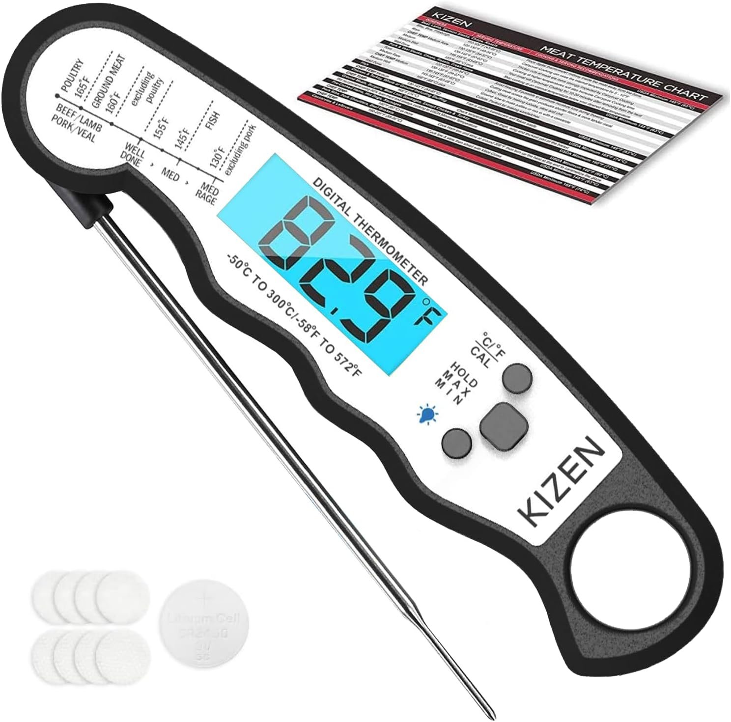 KIZEN Instant Read Meat Thermometer Digital - Food Thermometer for Cooking, Grill, Oven, BBQ - Waterproof and Backlit Display - Image 2