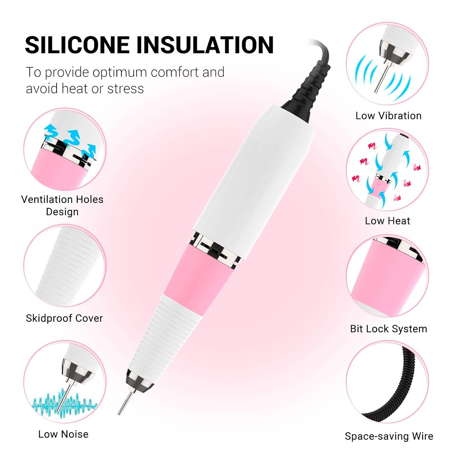 MelodySusie Professional SC300I Electric Nail Drill, 30000 RPM Rechargeable Portable Nail Drills, Cordless Electric Nail File Machine with 6 Bits and 106 Sanding Bands , Pink - Image 3