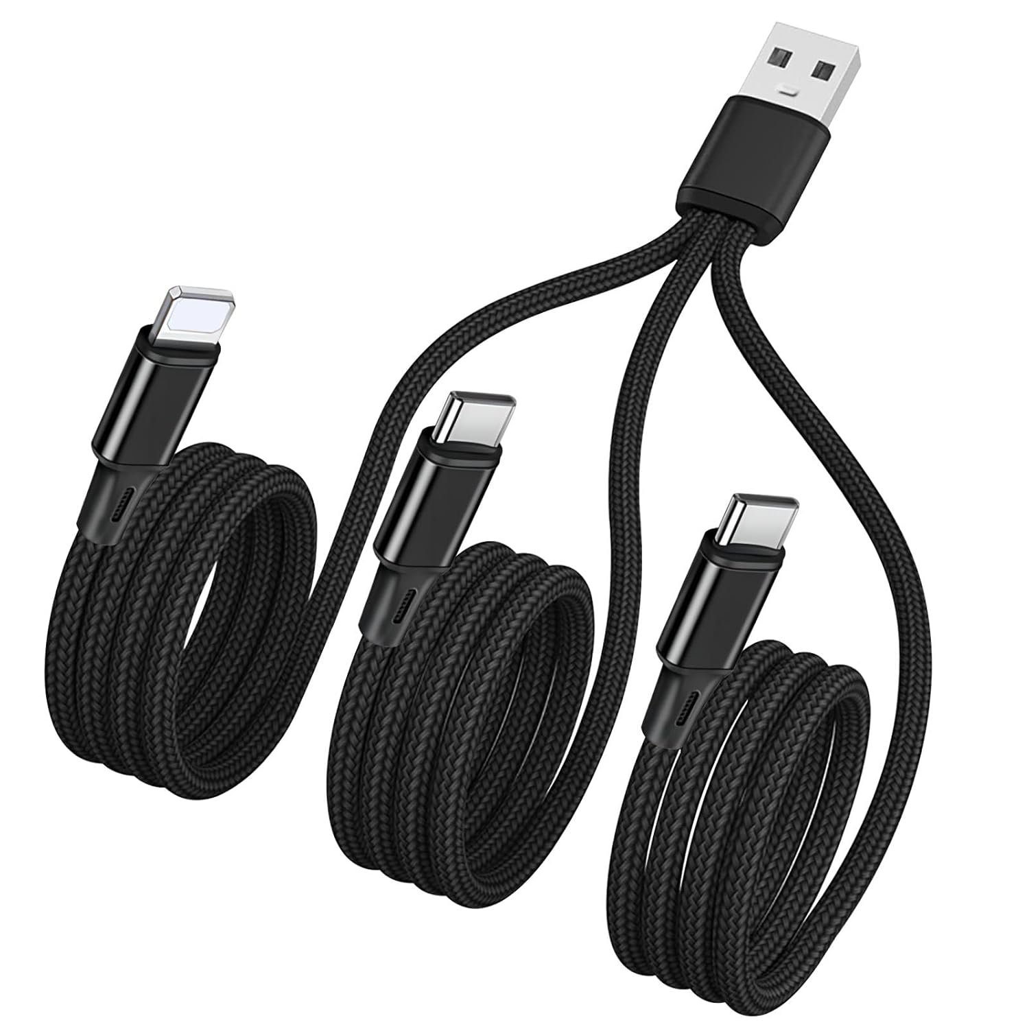 4FT USB A to Multi 3 Type C Splitter Cable,3 in 1 Multi Charging Cable Black Nylon Cord,USB A to 2xUSB C+ Lightnning Port Compatible with Apple i-Phone 15,iPad Pro/Air,Sam-Sung S24,Moto,Google - Image 2