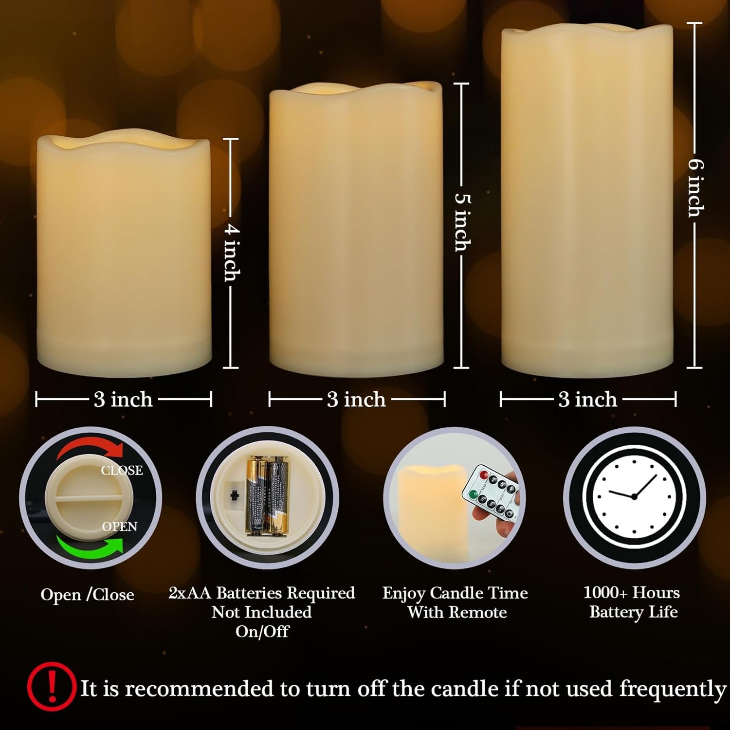 Battery Operated Candles Flickering Flameless Candles with Remote and Timer, Waterproof Outdoor LED Pillar Flameless Candles for Home Wedding Decor, Ivory Plastic, D 3" x H 4" 5" 6" - Image 5