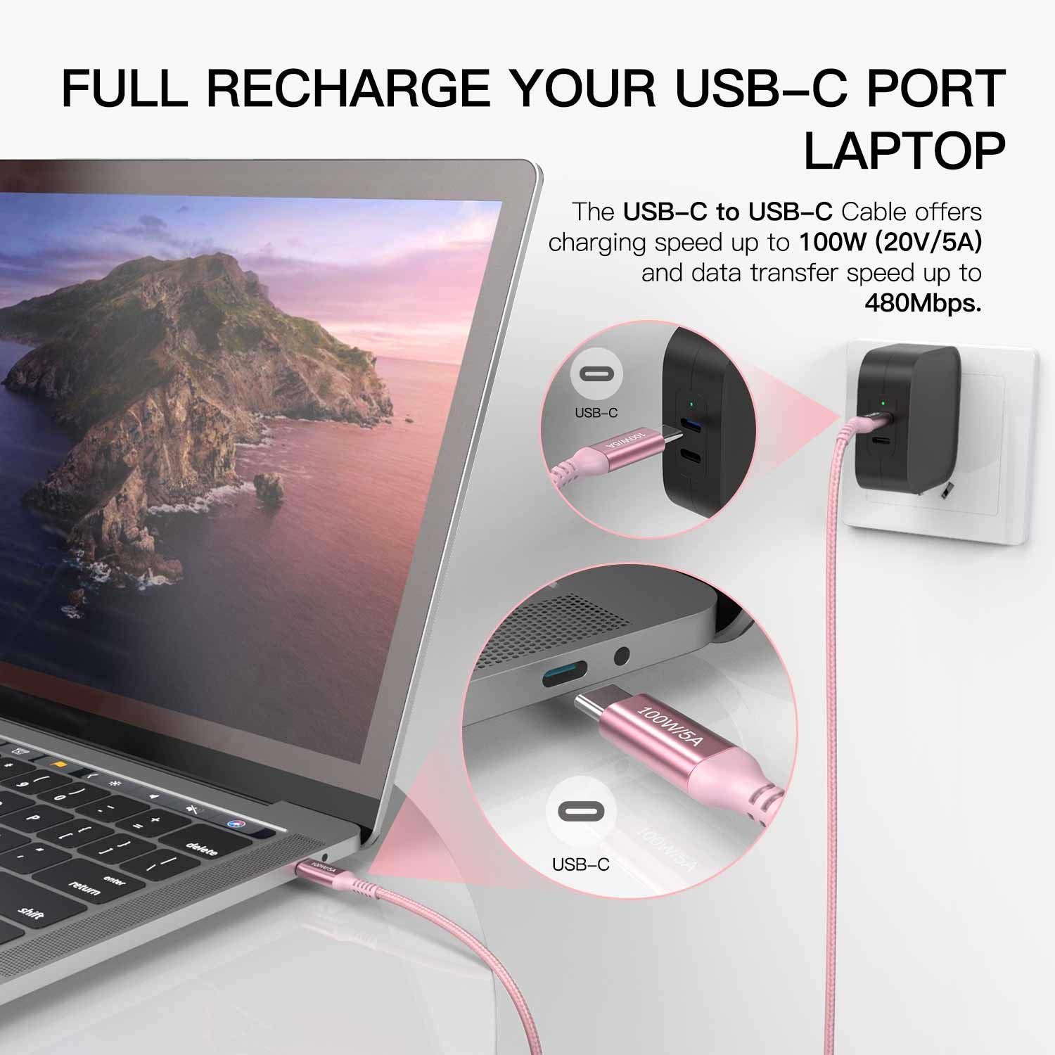 100W USB C Cable 10ft Pink,Long USB-C to USB-C,Awnuwuy USB Type C to C Fast Charging Cord Compatible with iPhone 15/15 Pro/15 Plus/15 Pro Max,iPad Pro,iPad Air 4,Samsung Galaxy S23 S22 S21,MacBook Pro - Image 8