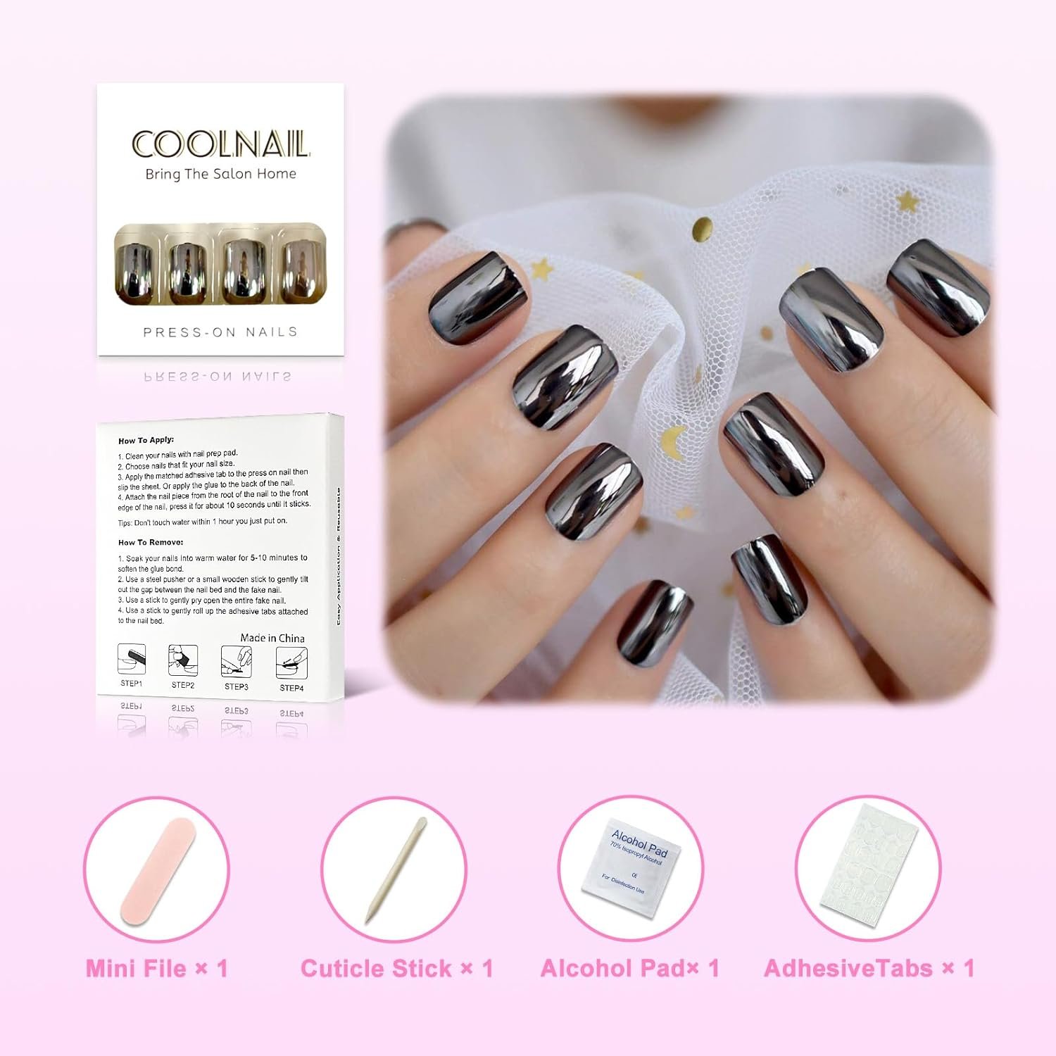 Coolnail Dark Smoky Gray Reflective Mirror Metal Plating False French Acrylic Nail Tips Punk Metallic Square Fake Nails With Glue Sticker - Image 3