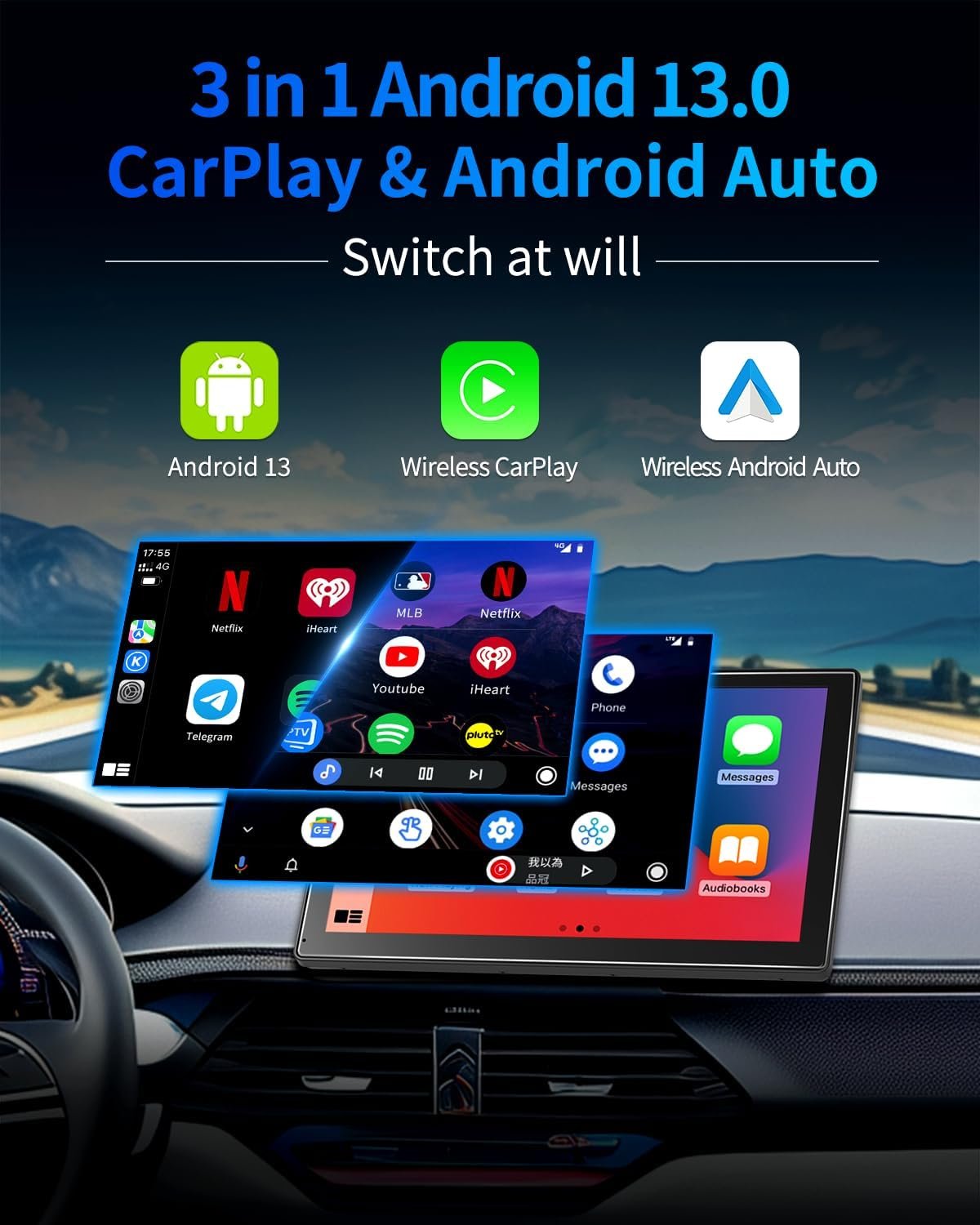 8 Core Android 13 4+64GB Car Stereo, 9 Inch Android Auto Wireless Apple Carplay, Portable Carplay Screen for Car, OTA, GPS Navigation, Netflix, YouTube, Tictok, Google Play - Image 4