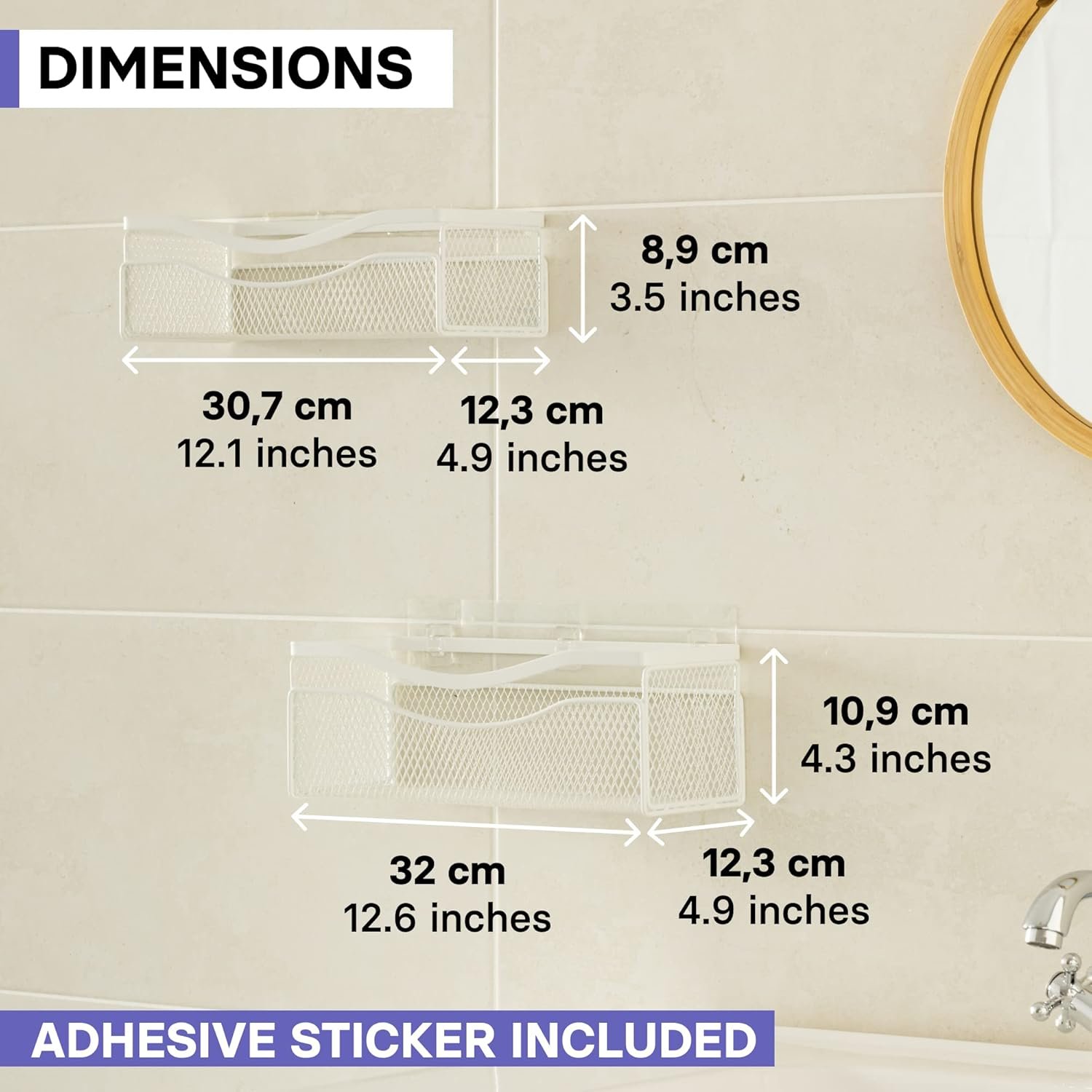 KINCMAX Mesh Shower Caddy (2-Pack), Rustproof Stainless Steel, Adhesive Wall Mount Baskets with Hooks, Mesh Design (Matta White) - Image 6