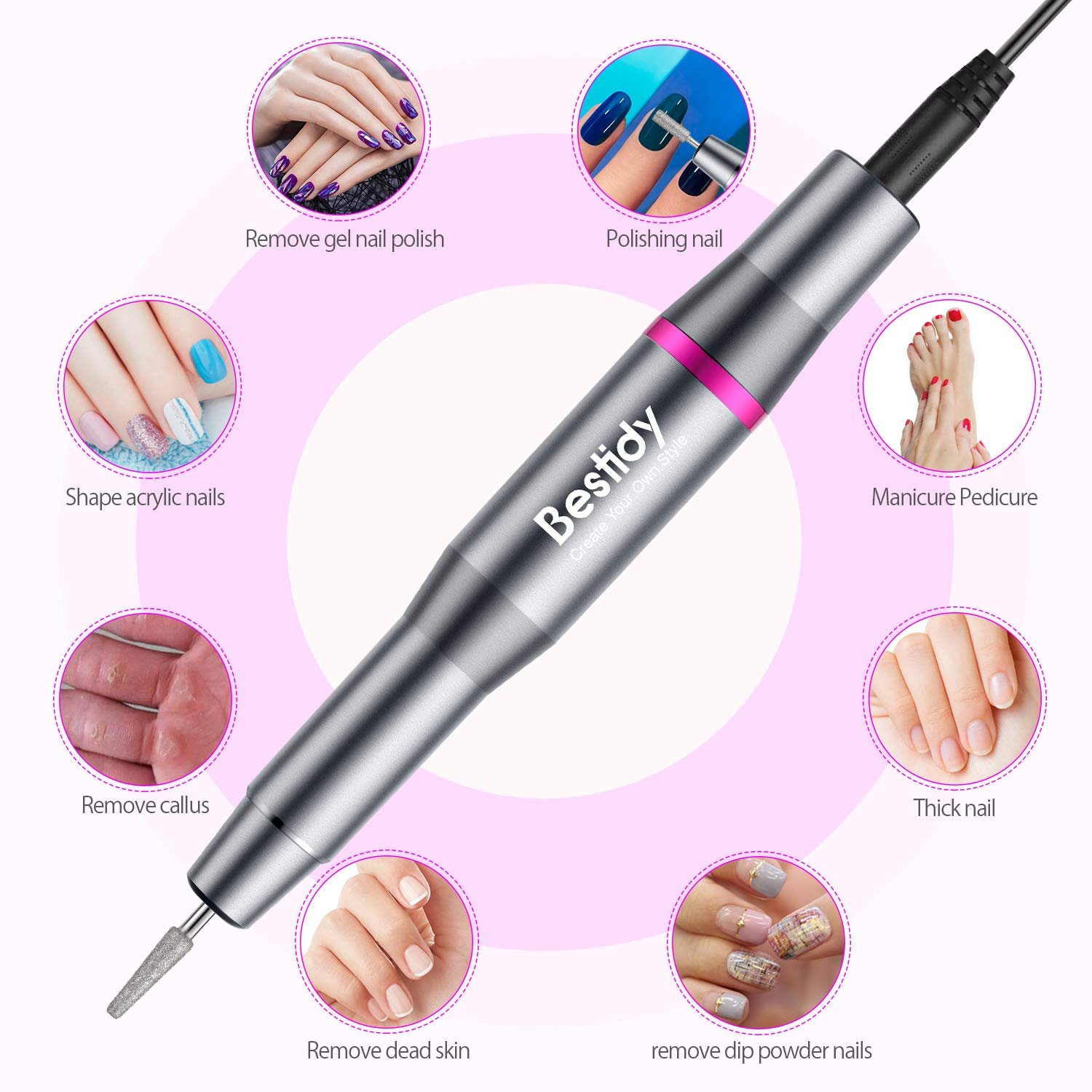 Bestidy Best Gift Electric Nail Drill Kit, USB Manicure Pen Sander Polisher with 6 Pieces Changeable Drills and Sand Bands for Exfoliating, Polishing, Nail Removing, Acrylic Nail Tools (B-Black) - Image 6