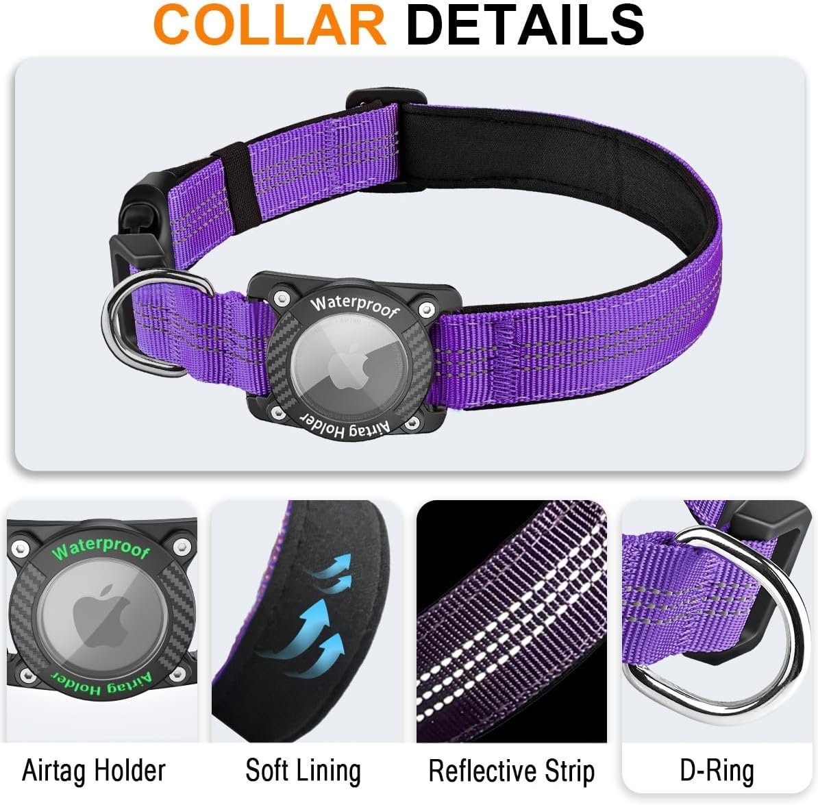 Airtag Dog Collar, Apple Airtag Holder for Reflective Dog Collar, Waterproof Nylon Dog Collar for Apple Air Tag, GPS Tracker Pet Collar for Small Medium Large Dogs, Purple, L - Image 6