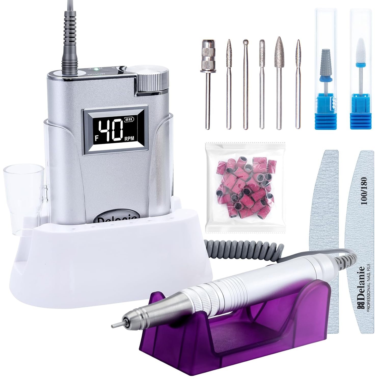 Delanie Professional Electric Nail Drill Machine 40000 RPM Rechargeable Electric Nail File E File Filer, Silver - Image 2