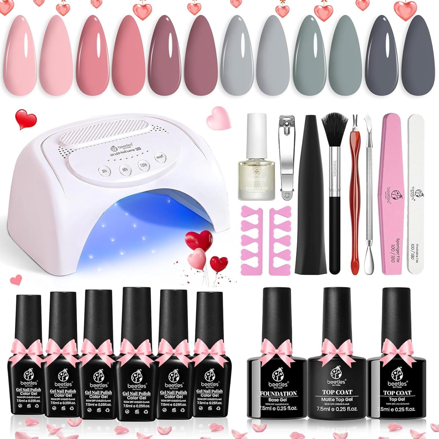Beetles Gel Nail Polish Kit with Uv Light 48W Led Nail Lamp 6 Colors Nude Gray Pink Gel Polish Starter Kit Manicure Soak off Led Salon DIY Home Valentine's Day Gift for Women - Image 2