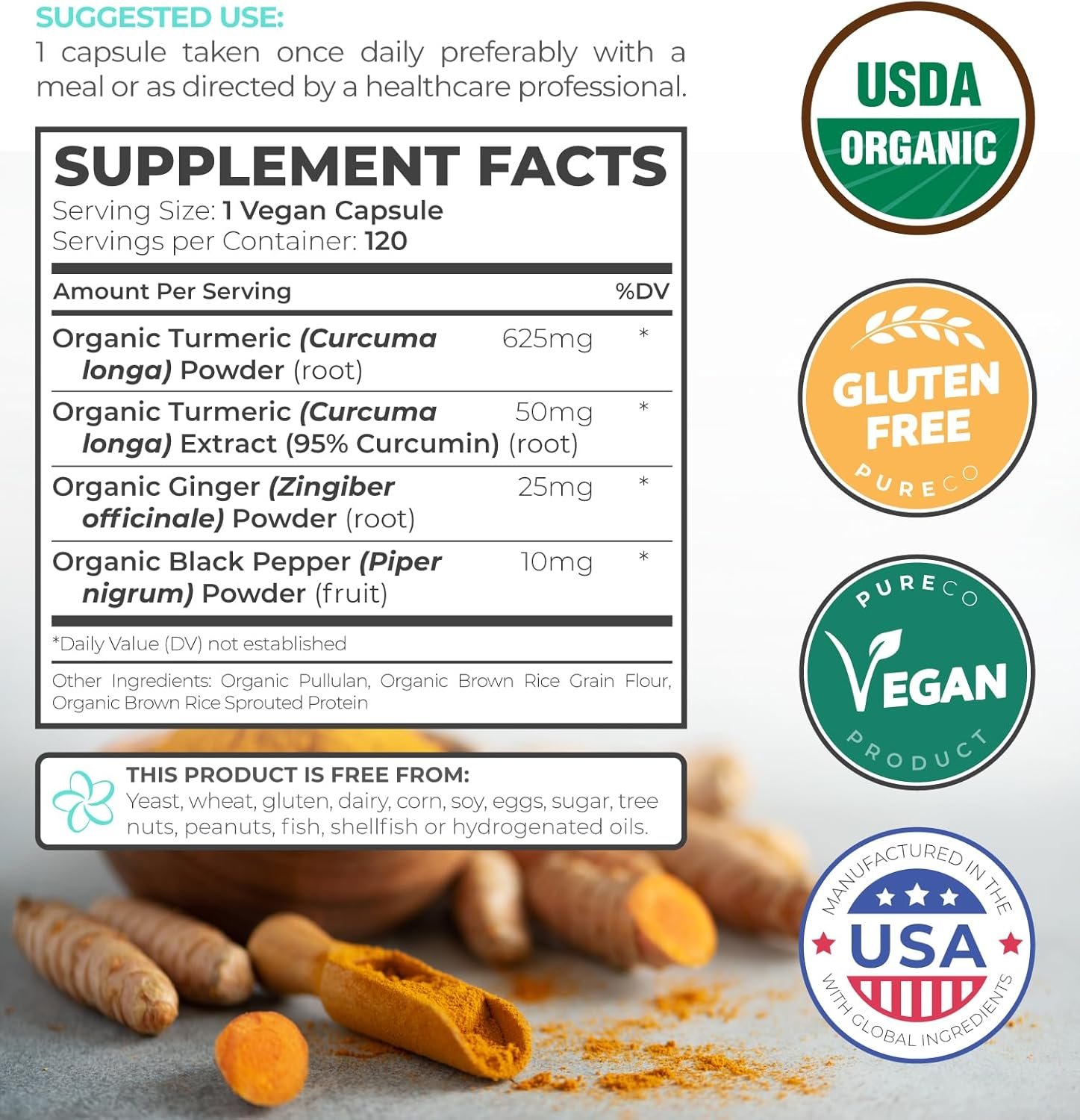 USDA Organic Turmeric Curcumin with Black Pepper and Ginger (4 Month Supply) Joint Support Supplement with Tumeric and Ginger Root Powder - Organic Turmeric Supplement - 120 Vegan Capsules (No Pills) - Image 3