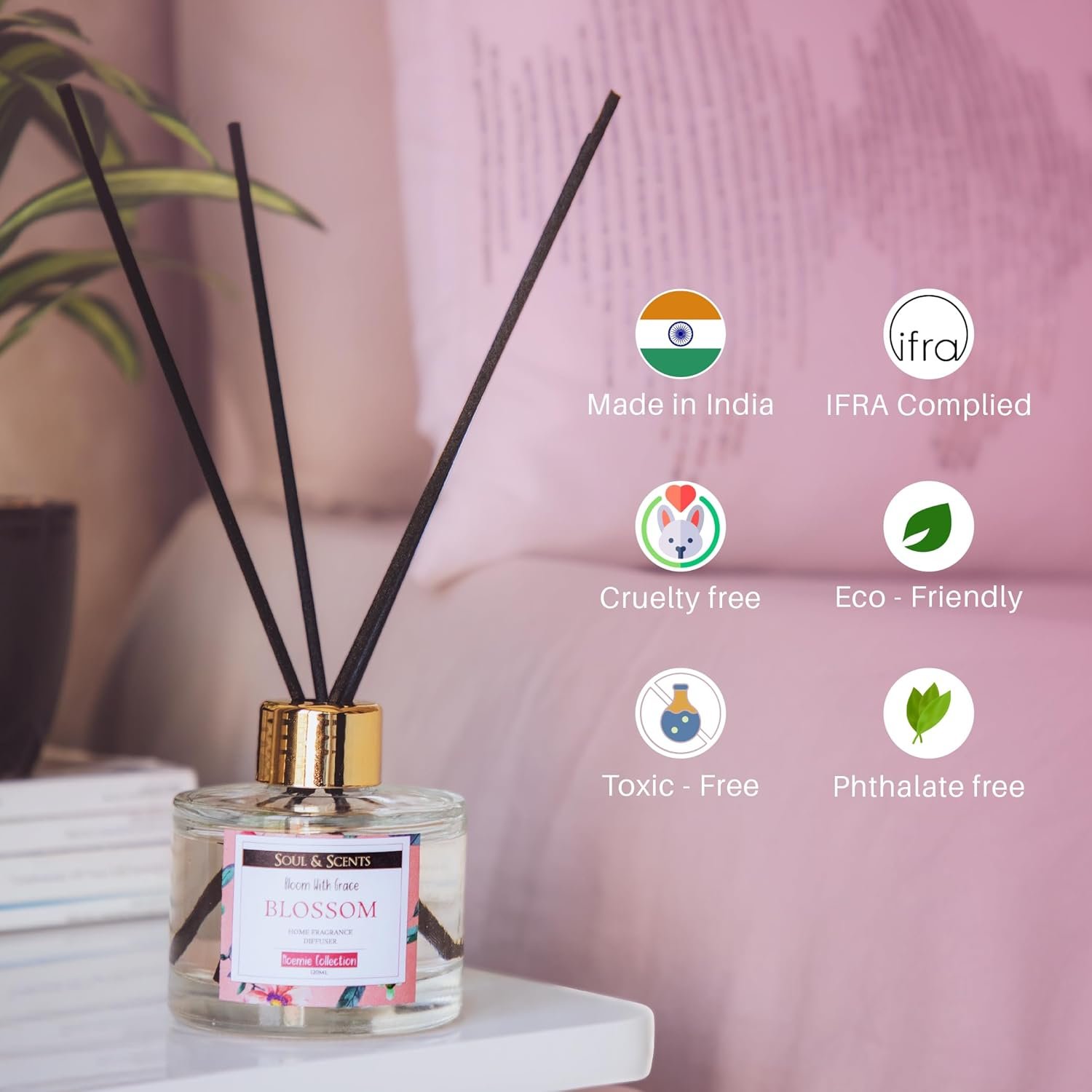 Soul & Scents Blossom Scented 4.06 oz (120ml) Reed Diffuser Set with 6 Fiber Sticks for Room Decor | Home Fragrance Reed Diffuser | Air Freshners for Home - Image 4