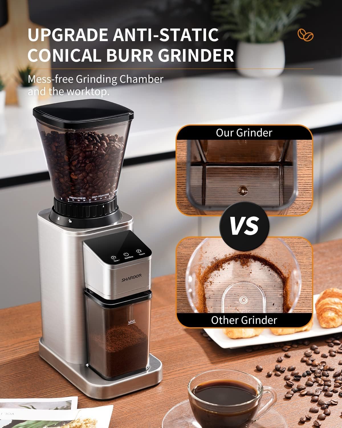 SHARDOR Conical Burr Coffee Grinder Electric, Adjustable Touchscreen Burr Mill with 48 Precise Settings, Precision Electronic Timer, Anti-static, Brushed Stainless Steel - Image 6