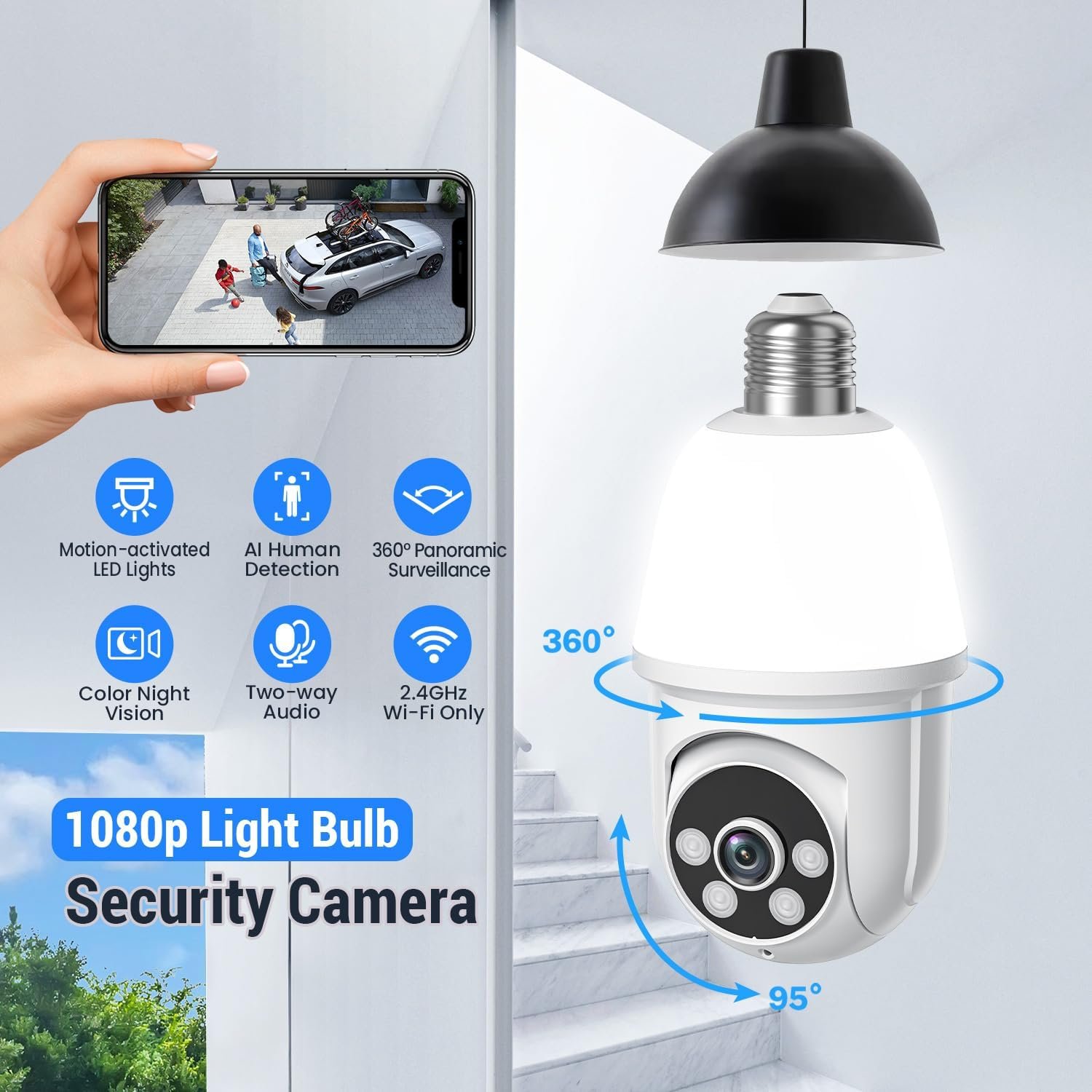 1080P Light Bulb Security Camera, 2.4GHz WiFi Only, 2-Way Talk, Color Night Vision, AI Human Detection for Indoor/Outdoor Home Security (with LED Bulb), Cloud Storage Sold Separately - Image 10