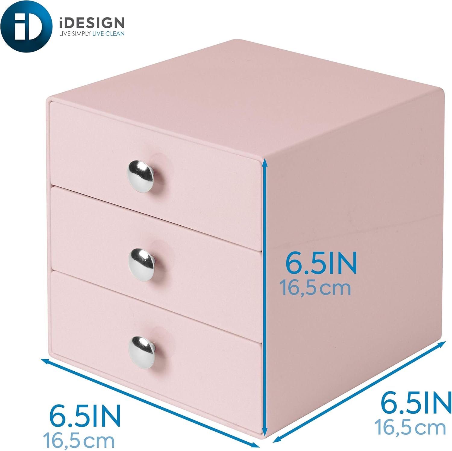 iDesign Plastic 3-Drawer Jewelry Box, Compact Storage Organization Drawers Set for Cosmetics, Dental Supplies, Hair Care, Bathroom, Office, Dorm, Desk, Countertop, 6.5" x 6.5" x 6.5", Pink - Image 4