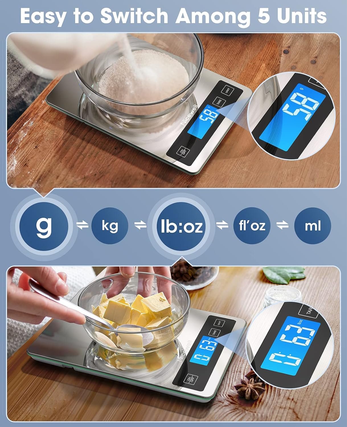 Nicewell Food Scale, 22lb Digital Kitchen Scale Weight Grams and oz for Cooking Baking, 1g/0.1oz Precise Graduation, Stainless Steel and Tempered Glass (Ash Silver) - Image 4