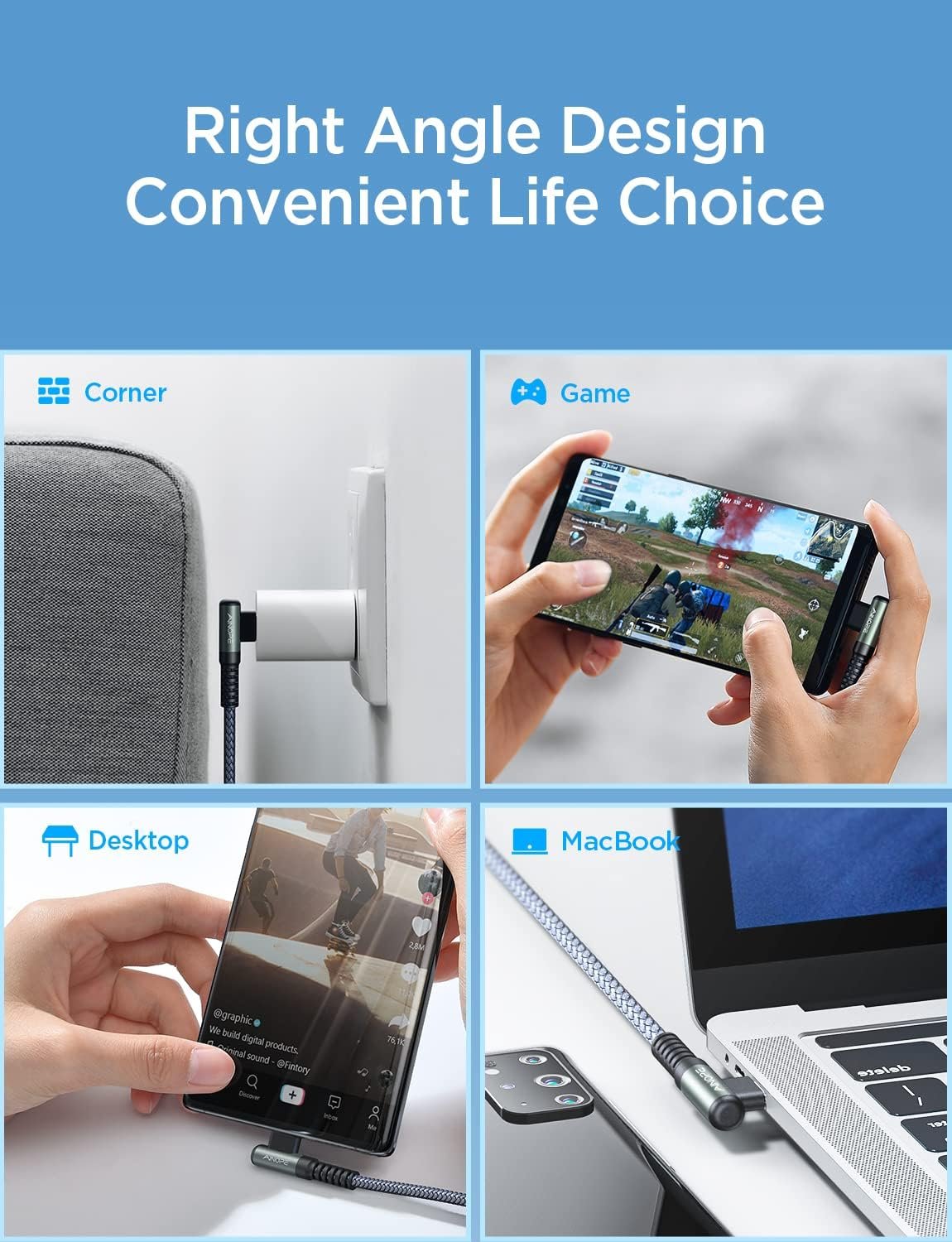 AINOPE 240W USB C to USB C Cable (10ft 1Pack Chubby Cable USB C) USB C to USB C Fast Charging Cable, Right Angle USB C Charger Cable for iPhone16 Charger Cord, MacBook Pro, iPad Pro/Air, Samsung,Grey - Image 7