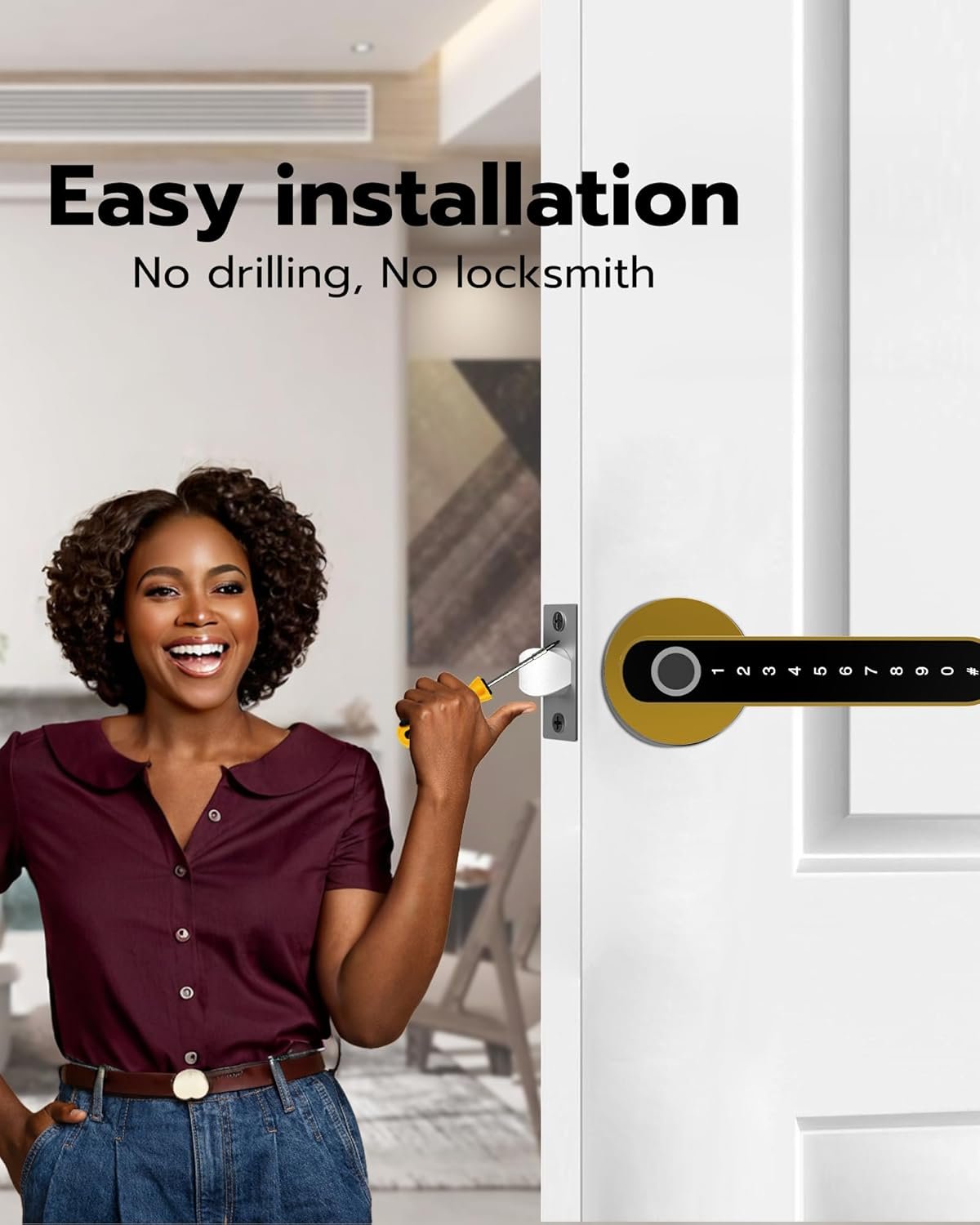 Fingerprint Handle Door Lock Smart Door Lock Levers eLinkSmart Digital Keyless Entry Door Knob Watch App Open Knob Lock for Bedroom Gold - Image 6