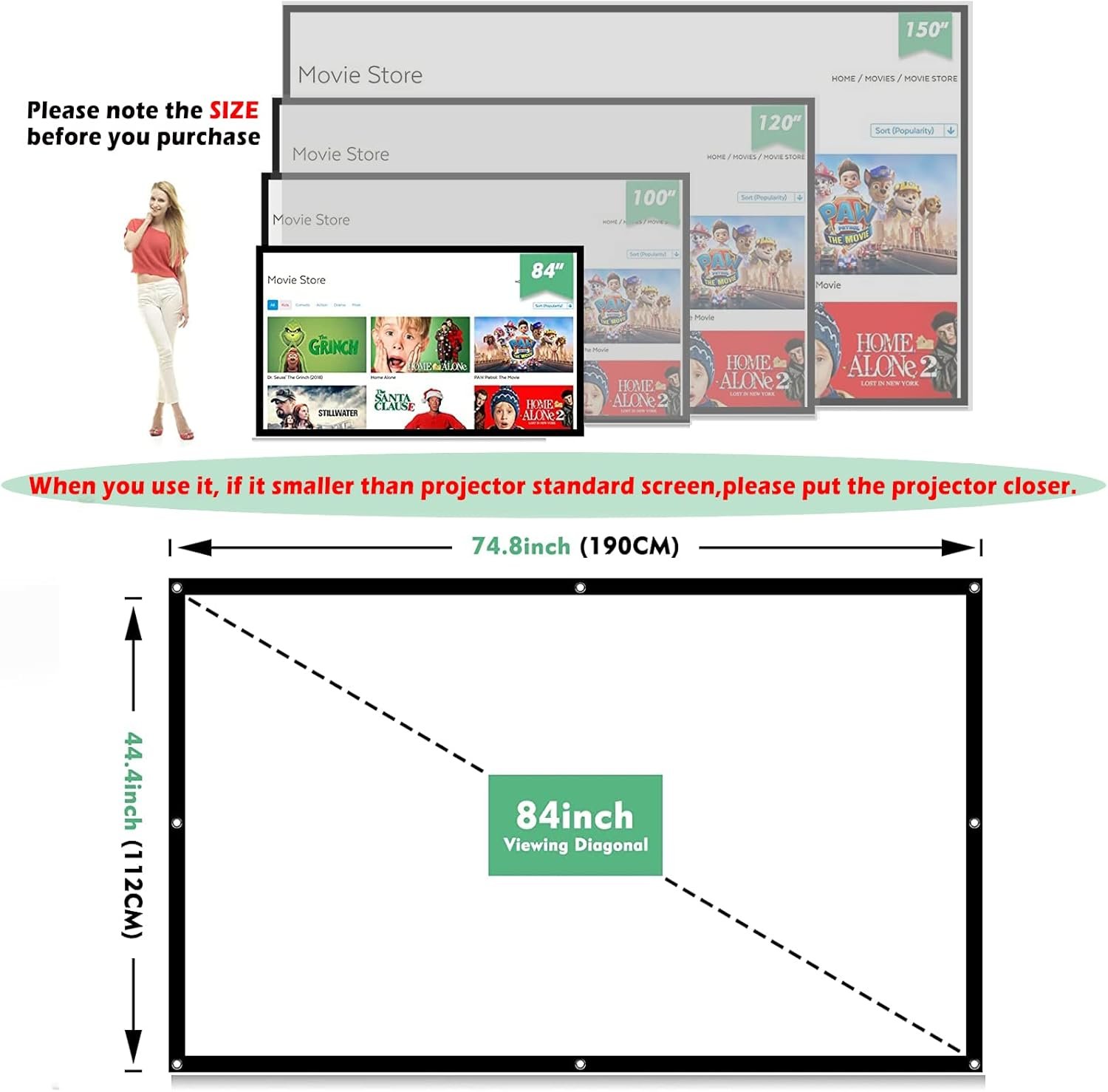 Taotique 4K Movie Projector Screen, 16:9 HD Foldable and Portable Anti-Crease Indoor Outdoor Projection Double Sided 84 inch Video Projector Screen for Home, Party, Office, Classroom - Image 8