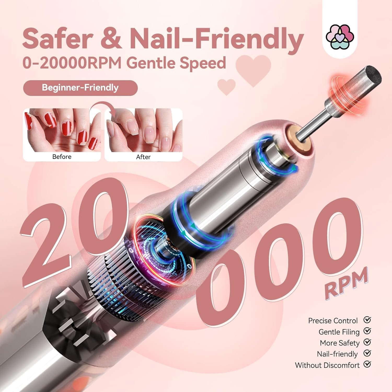 SAVILAND Acrylic Electric Nail Drill : Exclusive Love Series Portable Efile Nail Drill Machine Professional Complete Drill Bits for Remove Acrylic Nails Manicure & Toenails Nail Care Home Salon DIY - Image 5