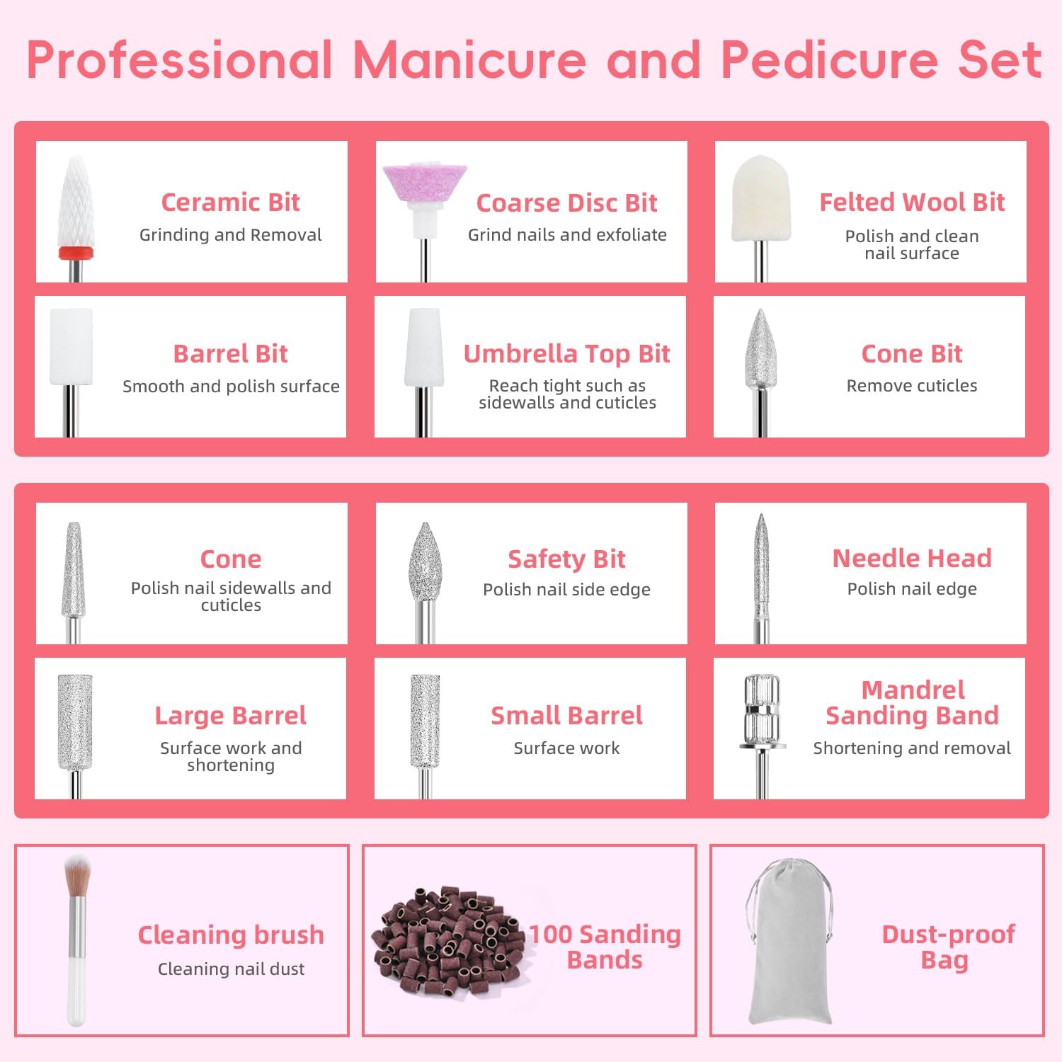 Rechargeable Cordless Electric Nail Drill, 12 in 1 Professinal Nail File Set for Feet, 3 Speeds Efile Manicure and Pedicure Kit with Nail Drill Bits for Polishing Grinding Trimming Toenail (White) - Image 6