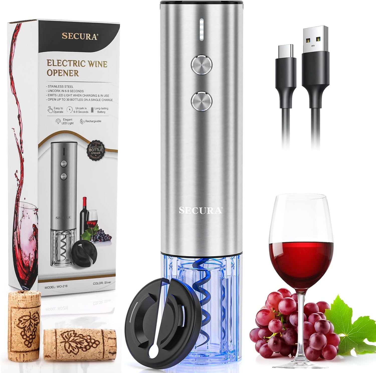 Secura Stainless Steel Electric Wine Opener, Rechargeable Automatic Home Wine Bottle Opener with Foil Cutter & Charging Cable, Reusable Corkscrew Wine Opener Electric for Wine Lovers, Silver - Image 2