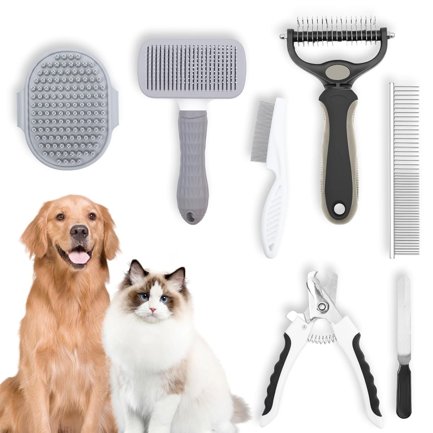 Dog Grooming Kit, Includes 7PCS Deshedding Brush, Pin Brush, Flea Comb, Metal Comb, Bath Brush, Nail Clipper and File, for Small, Medium and Large Dogs (Grey) - Image 2
