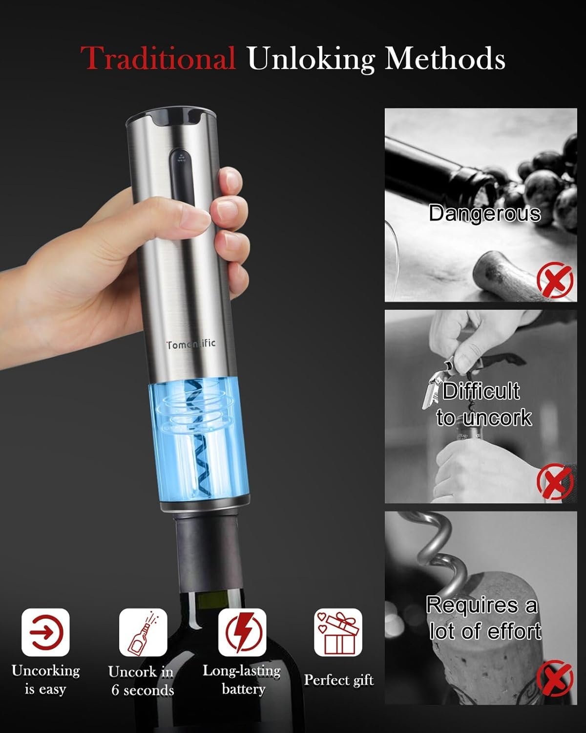 Electric Wine Opener Tomentific, Rechargeable Automatic Wine Corkscrew Bottle Opener With Foil Cutter, Type-C Charging Wine Openers With LED Light For Home Party Wedding Gifts (Stainless Steel) - Image 3