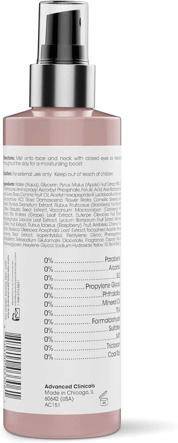 Advanced Clinicals Vitamin C Glow Facial Mist Toner for Face W/Rosewater, Ferulic Acid, & Peptides. Vitamin C Antioxidant Moisturizer Face Mist Provides Instant Skin Hydration, Non-Greasy, 8 Fl Oz - Image 6