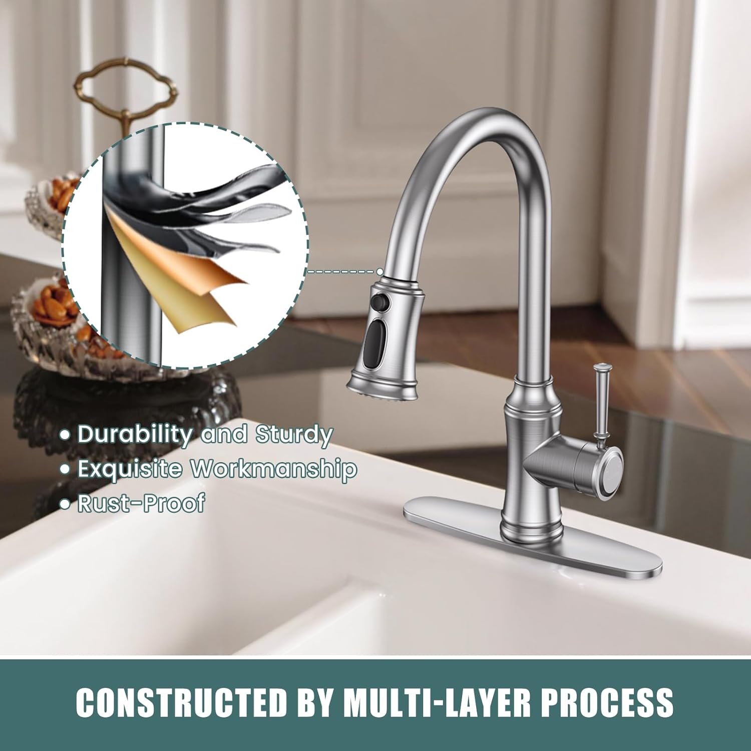 Kitchen Faucet with Pull Down Sprayer, Single Handle High Arc Utility Sink Faucet with Deck Suitable for bar for Kitchen Sink, Laundry Sink, Wet Bar or RV, Brushed Nickel - Image 3