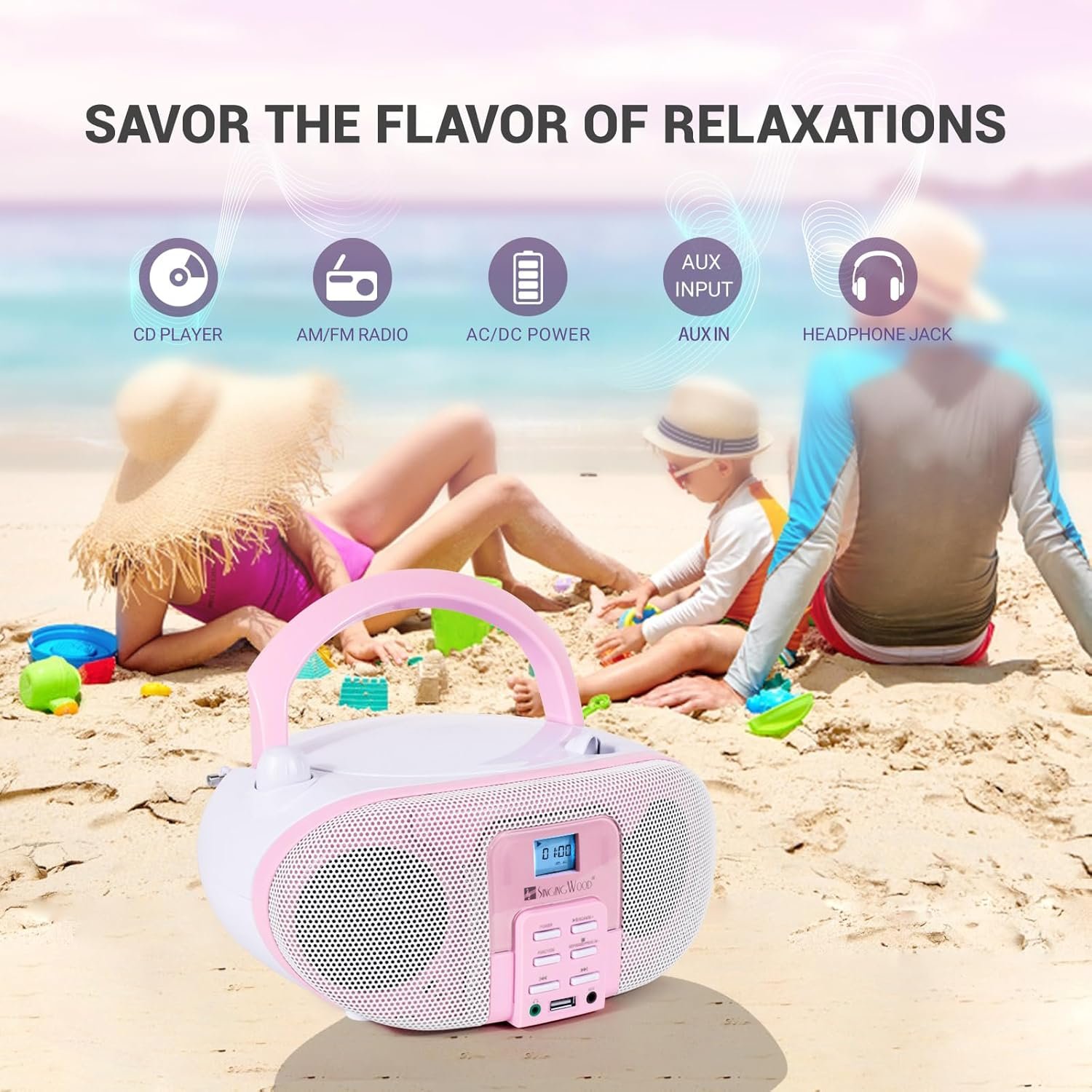 SingingWood GC01 Macarons Series Portable CD Player Boombox with AM FM, Bluetooth, USB Stereo Radio Kids CD Player LCD Display, Front Aux-in Port Headphone Jack, Supported AC or Battery Powered -Rose - Image 3