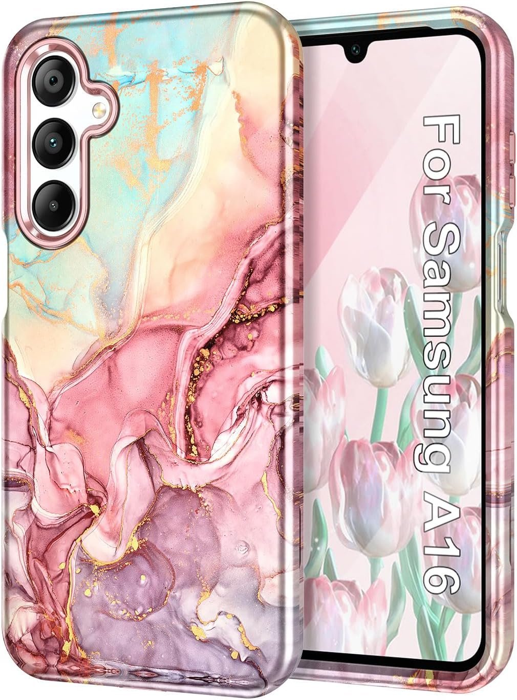 Btscase for Samsung Galaxy A16 5G Case, Marble Pattern 3 in 1 Heavy Duty Shockproof Full Body Rugged Hard PC+Soft Silicone Drop Protective Women Girl Cover for Samsung Galaxy A16 5G,Rose Gold - Image 2