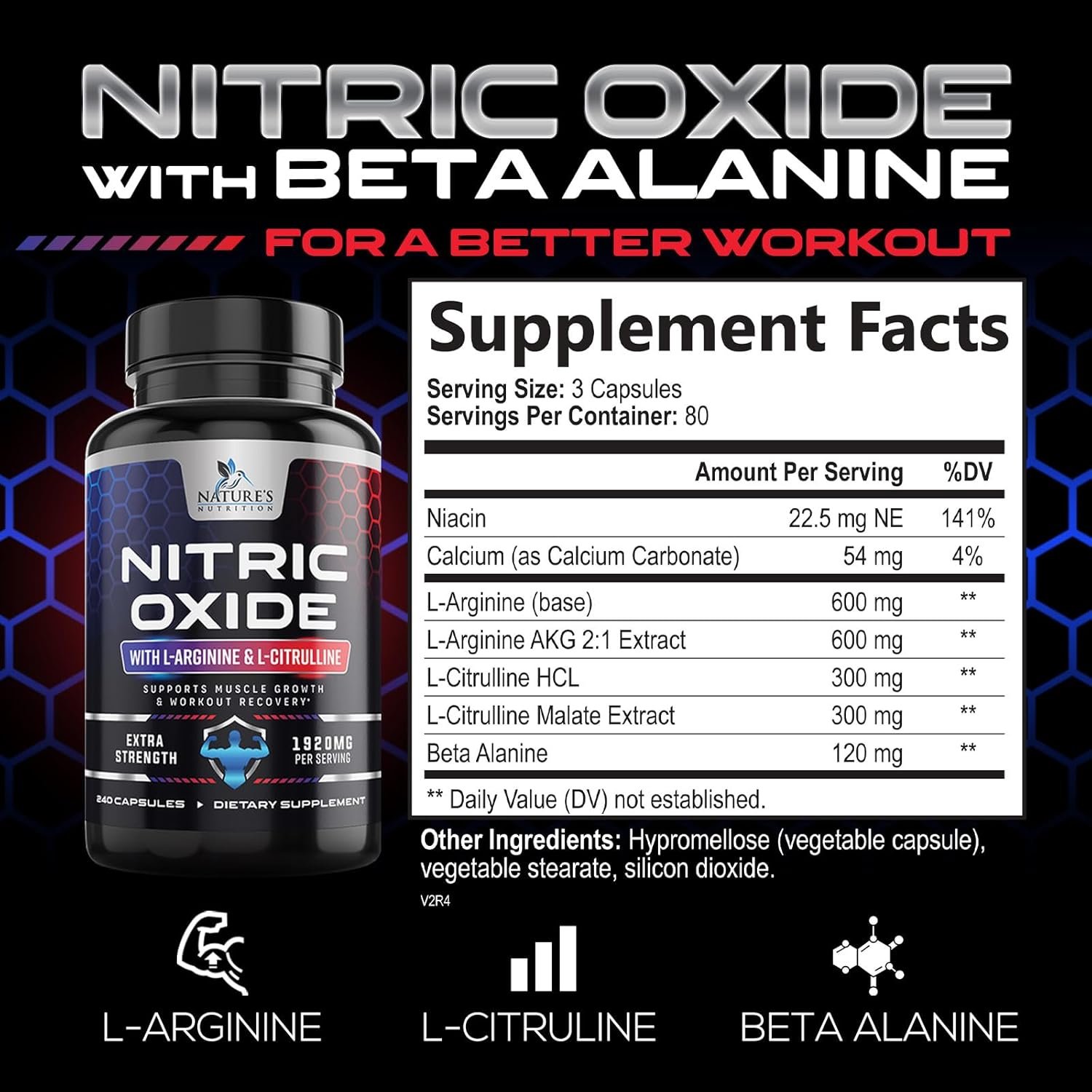 Nitric Oxide Booster Extra Strength - L Arginine 3X Strength Nitric Oxide Support Supplements for Men and Women, Citrulline Muscle, Heart Health, & Energy Support Supplement, Non-GMO - 240 Capsules - Image 3