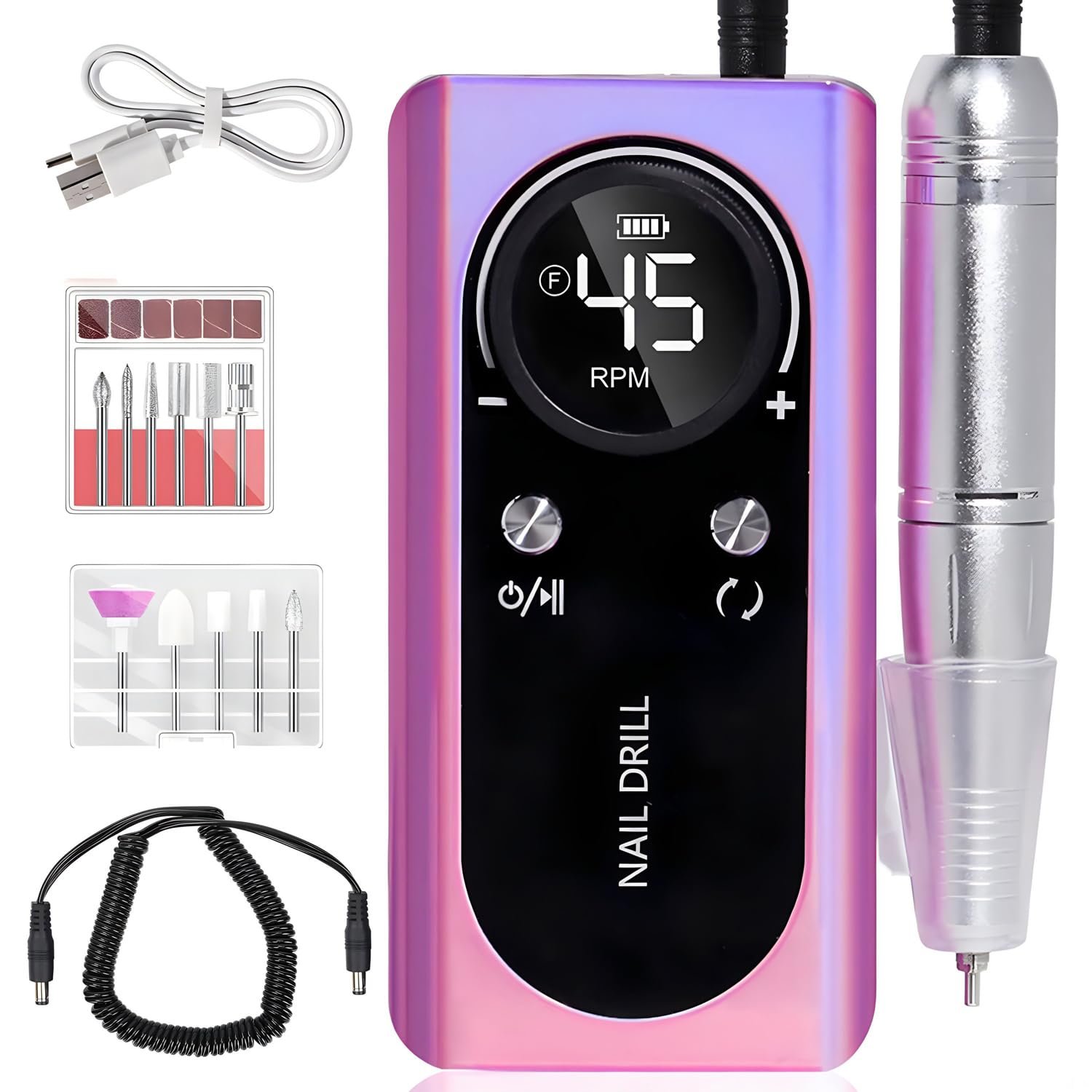 Electric 45000RPM Nail Drill Machine Rechargeable Portable Nail File Electric DIY Nail Drill Kit with Smart LCD Screen for Gel Nail Manicure and Pedicure Reflective Body etc(Dazzle) - Image 2