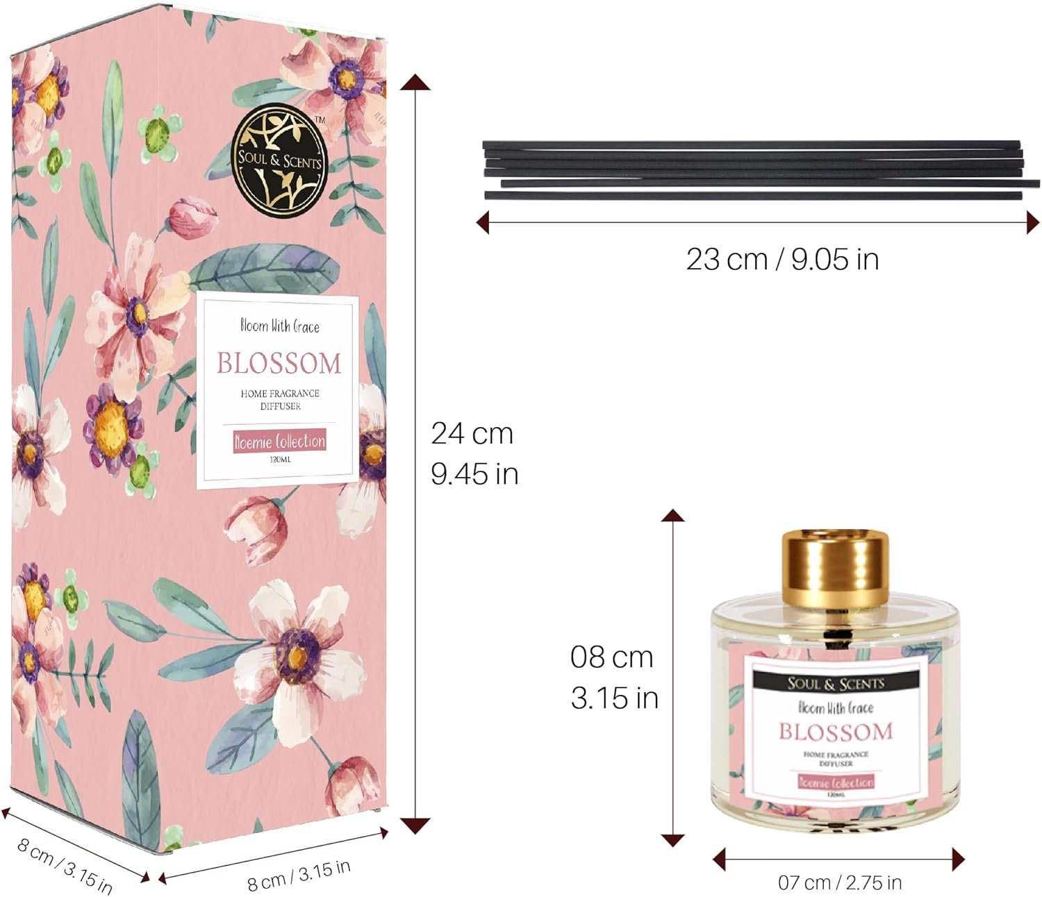 Soul & Scents Blossom Scented 4.06 oz (120ml) Reed Diffuser Set with 6 Fiber Sticks for Room Decor | Home Fragrance Reed Diffuser | Air Freshners for Home - Image 6