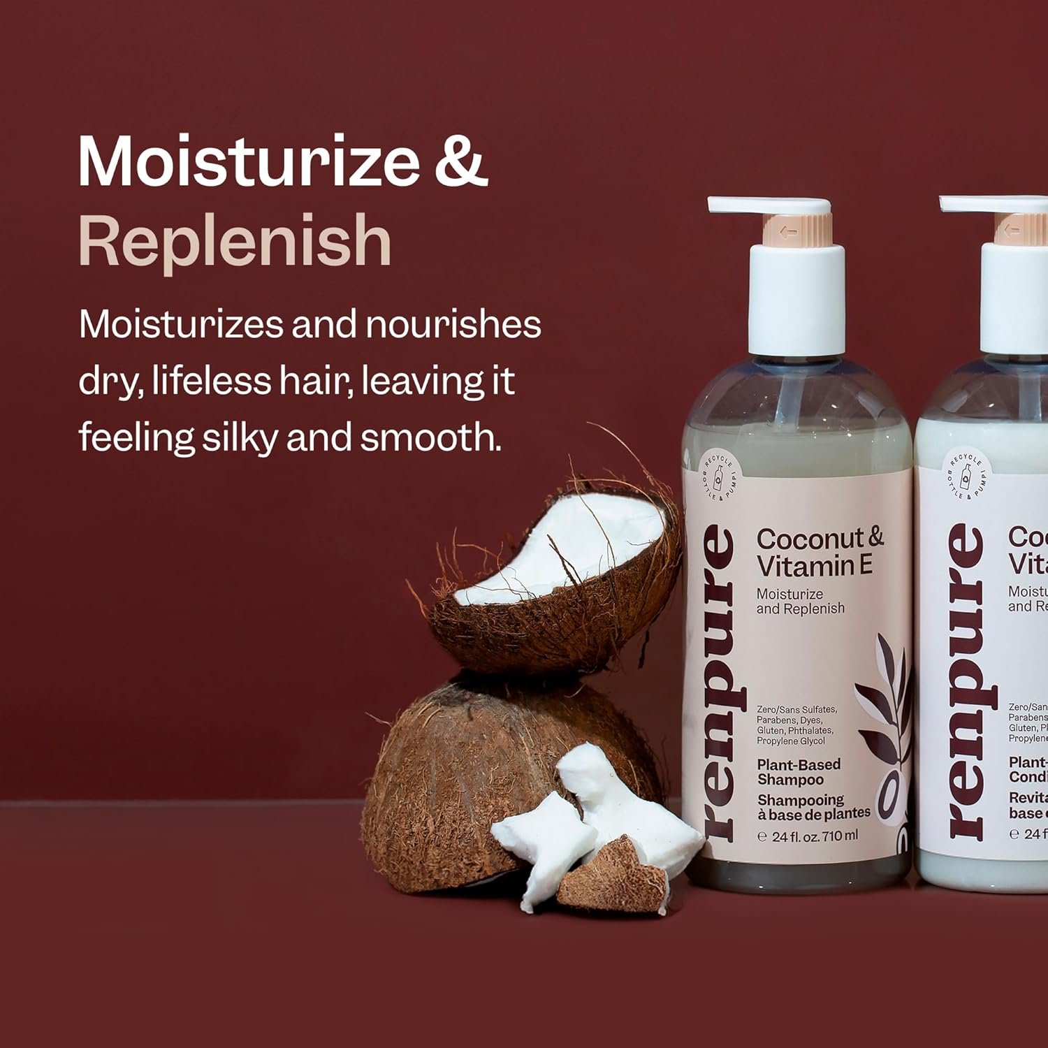 Renpure Plant Based Coconut and Vitamin E Moisturize and Replenish Shampoo - Ideal for Lifeless Hair - Leaves Hair Silky and Smooth - Rids Hair of Grime - Recyclable, Pump Bottle Design - 24 fl oz - Image 4