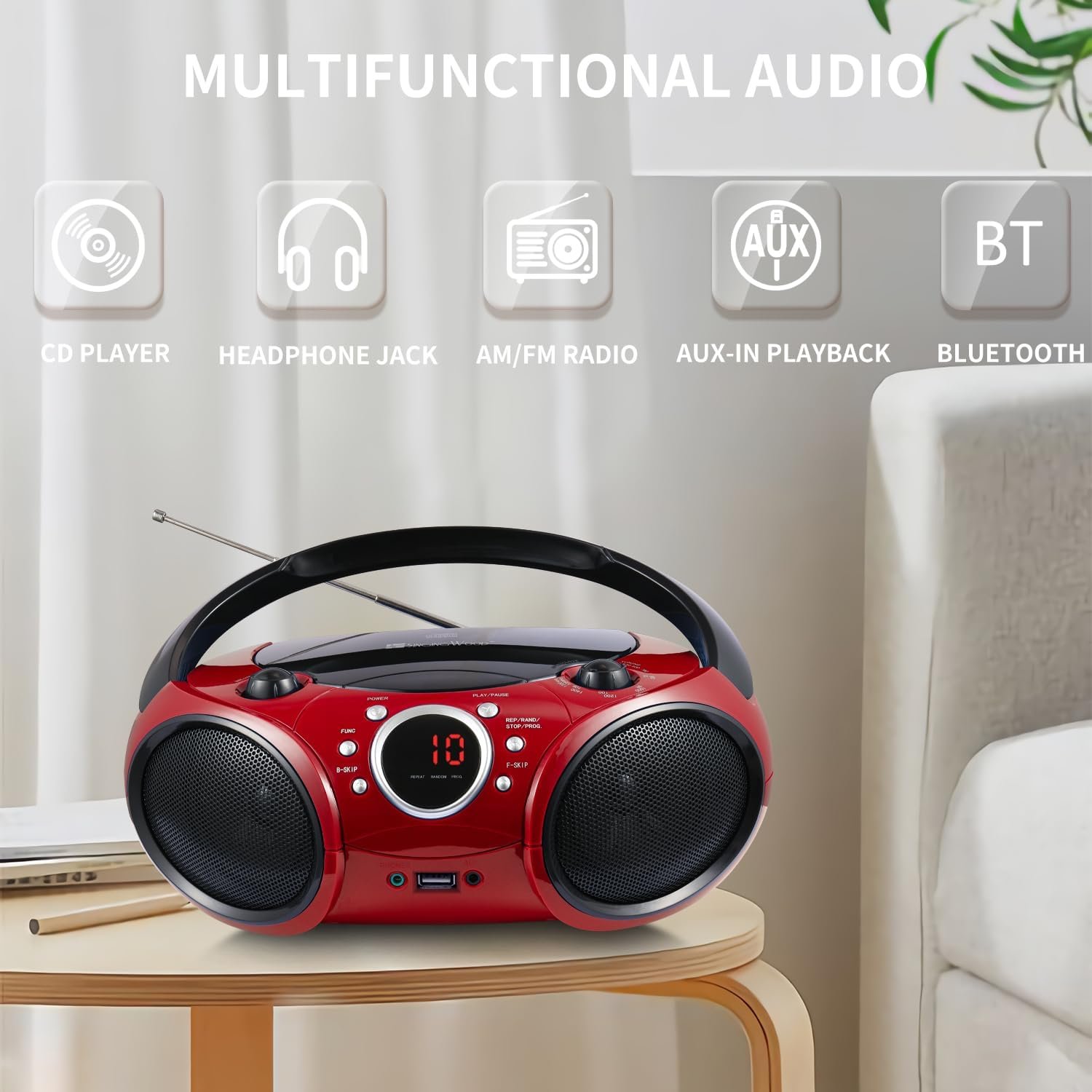 Singingwood 030BT(2025 Version) CD Player Boombox with AM FM Radio, Bluetooth, USB Port CD-R/RW, MP3 CDs Compatible, 3.5mm Aux Input, Headphone Jack and LED Display for CD(Firmist Red) - Image 6