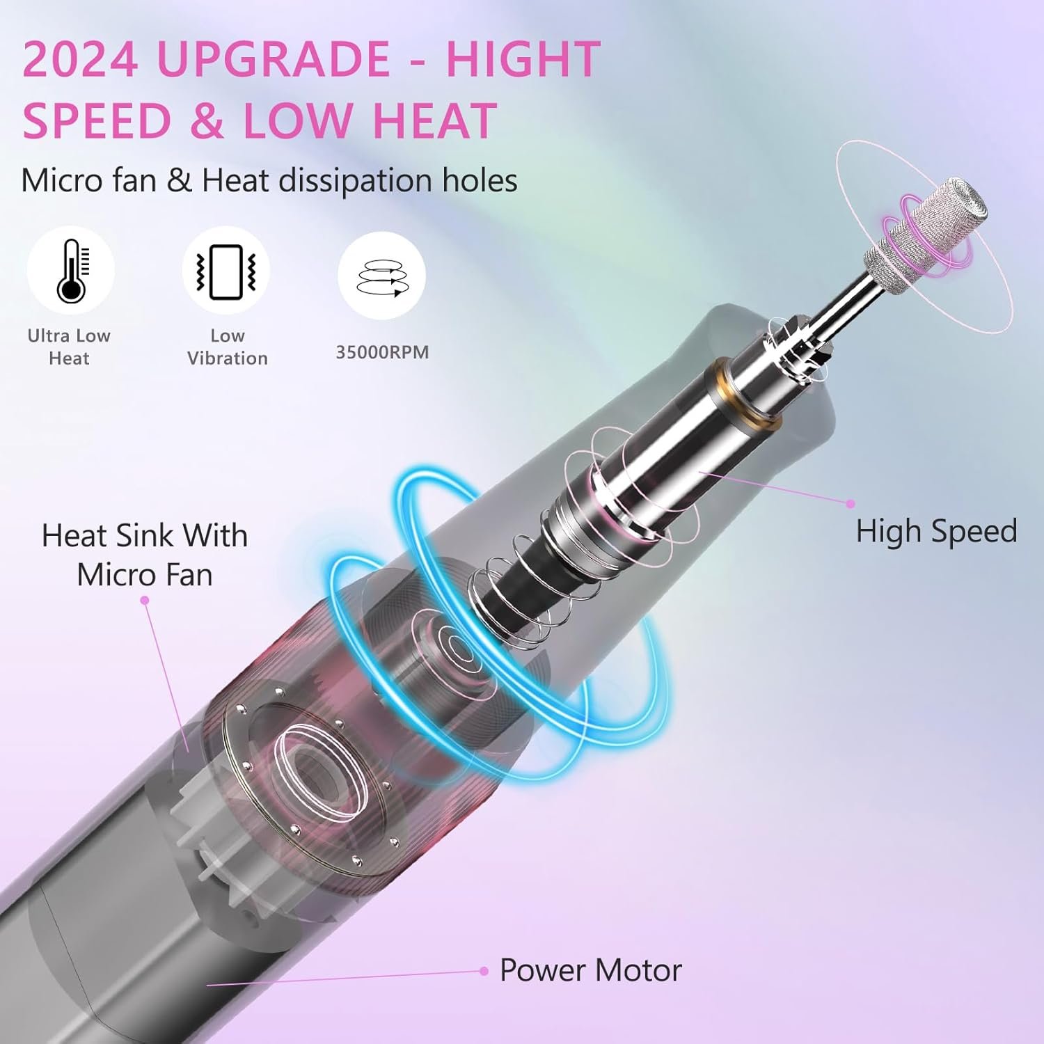 Rechargeable Nail Drill, 35000RPM Electric Nail File Machine Professional Acrylic Gel Nails Remover with Drill Bits, Portable Efiler Manicure Supplies for Polishing Grinding, Home Salon Use - Image 3