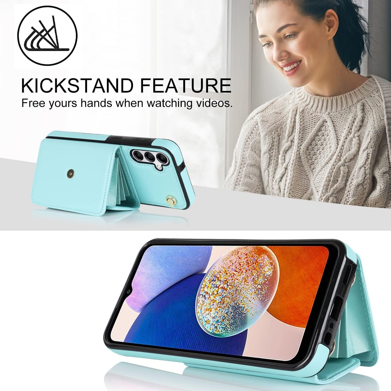 Asuwish Phone Case for Samsung Galaxy A14/M14 5G Wallet Cover with RFID Blocking Credit Card Holder Wrist Crossbody Strap Lanyard Stand Leather Girls Cell Accessories A 14 4G 14A 14M G5 Women Men Teal - Image 6