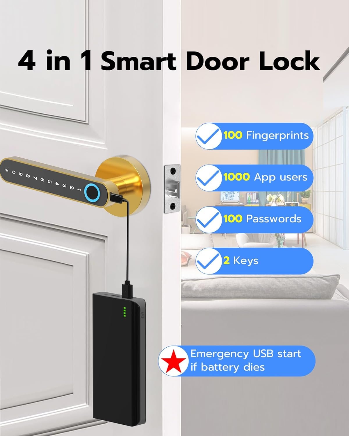 Fingerprint Handle Door Lock Smart Door Lock Levers eLinkSmart Digital Keyless Entry Door Knob Watch App Open Knob Lock for Bedroom Gold - Image 4
