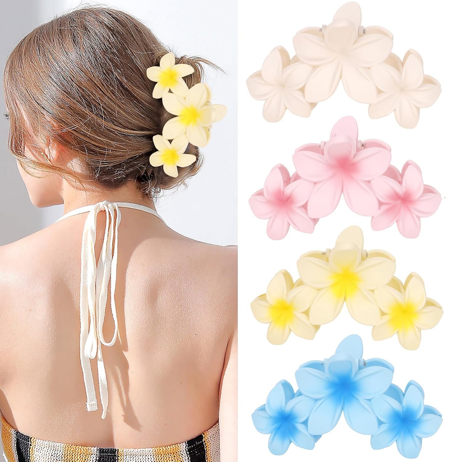 ANBALA 4PCS Flower Matte Claw Clips for Thick Hair - Large Plumeria Hair Accessories for Women, Summer Beach Hair Clips (Colorful) - Image 2