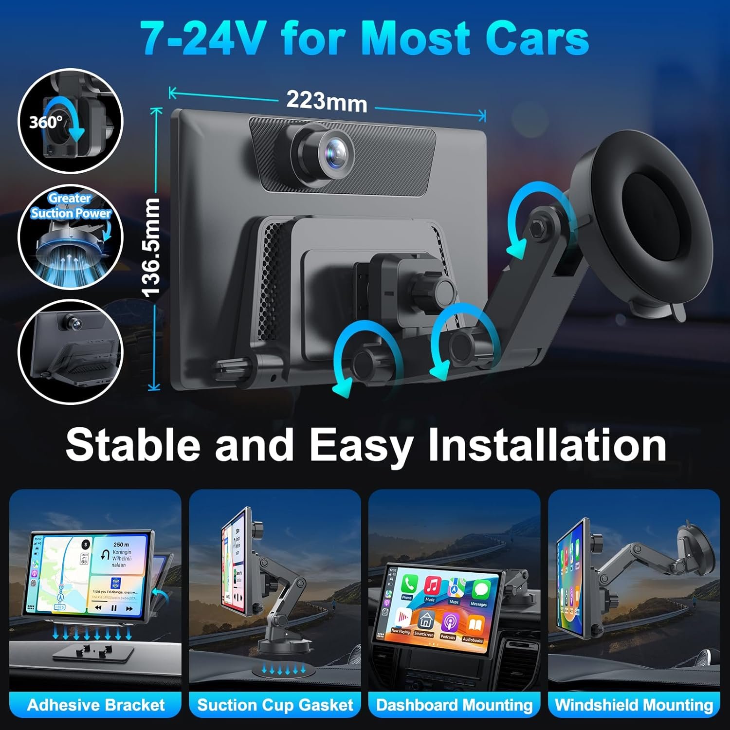 Wireless Portable Carplay Screen with 4K Dash Cam, Android Auto, 9'' Auto-Dimming Screen with Strongest Suction Mount, GPS Navigation for Car, 1080P Backup Camera, Loop Recording - Image 5