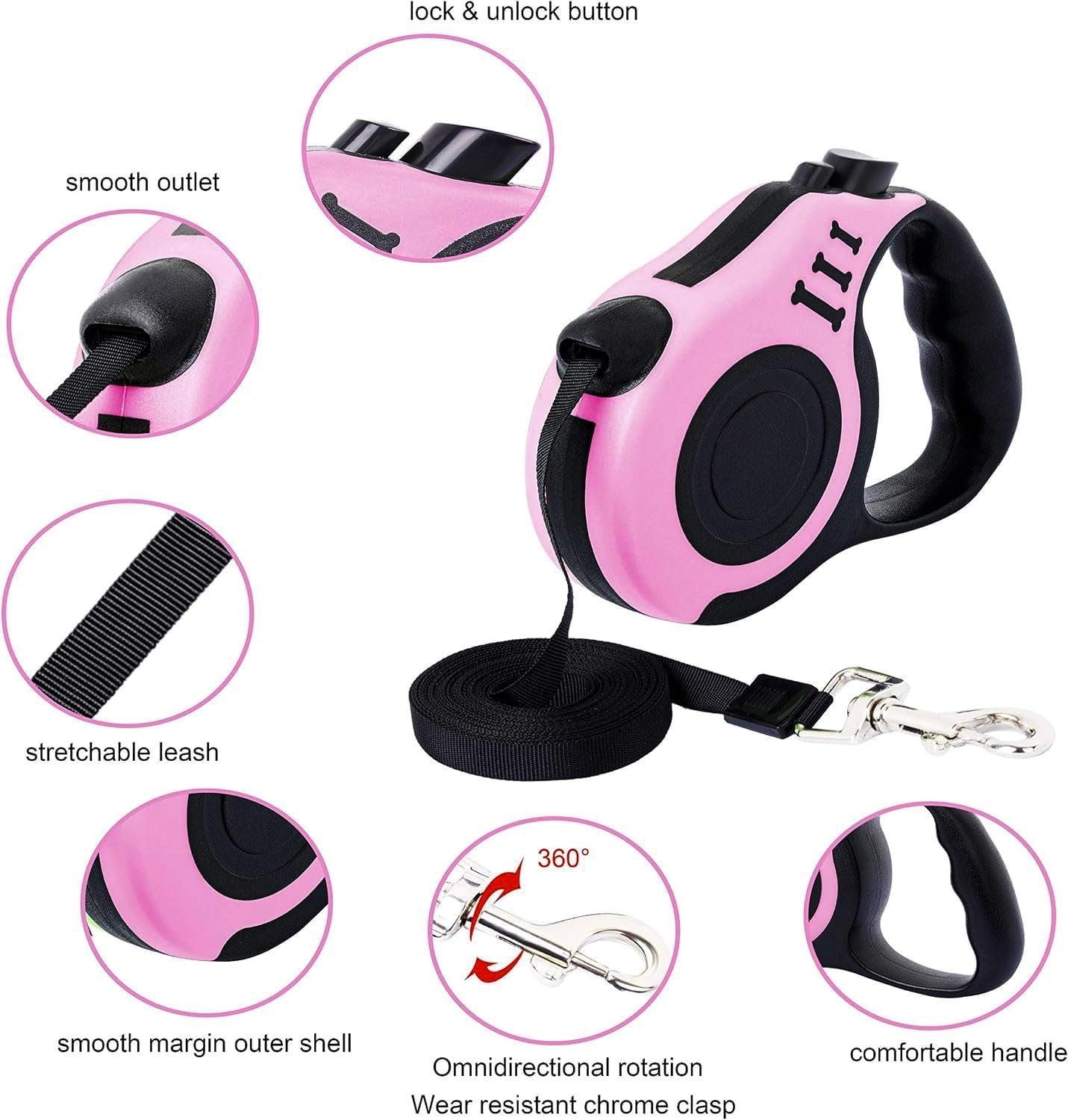 PETIMP Retractable Dog Leash Lightweight 16FT Leash, with Folding Bowl,Dispenser,Waste Bags, for Small Medium Dogs(Pink) - Image 4