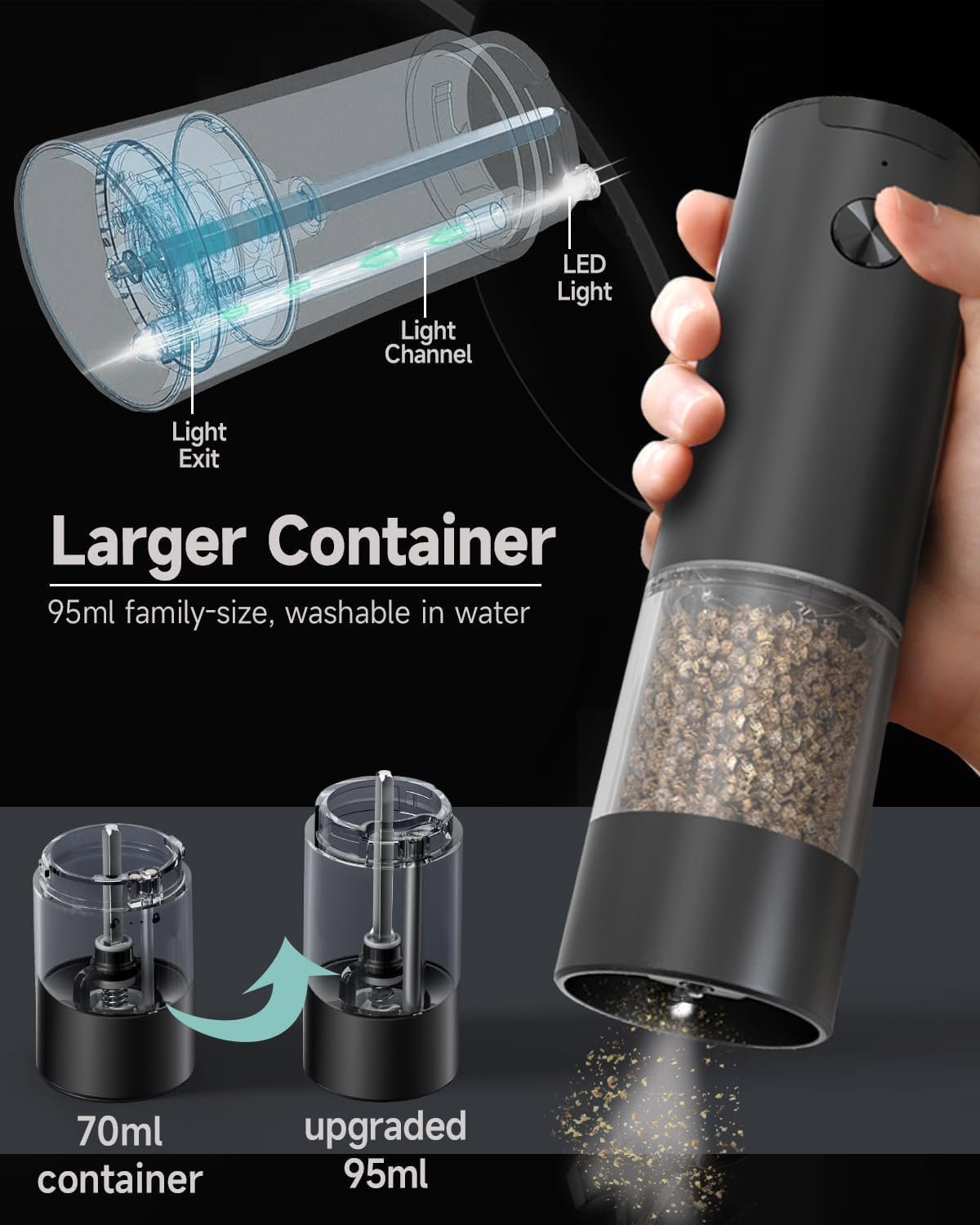 Electric Salt and Pepper Grinder Set - Battery Powered Peppermill Salt Shaker Battery Operated Spice Grinders White Light One Hand Operated Storage Base - Image 5