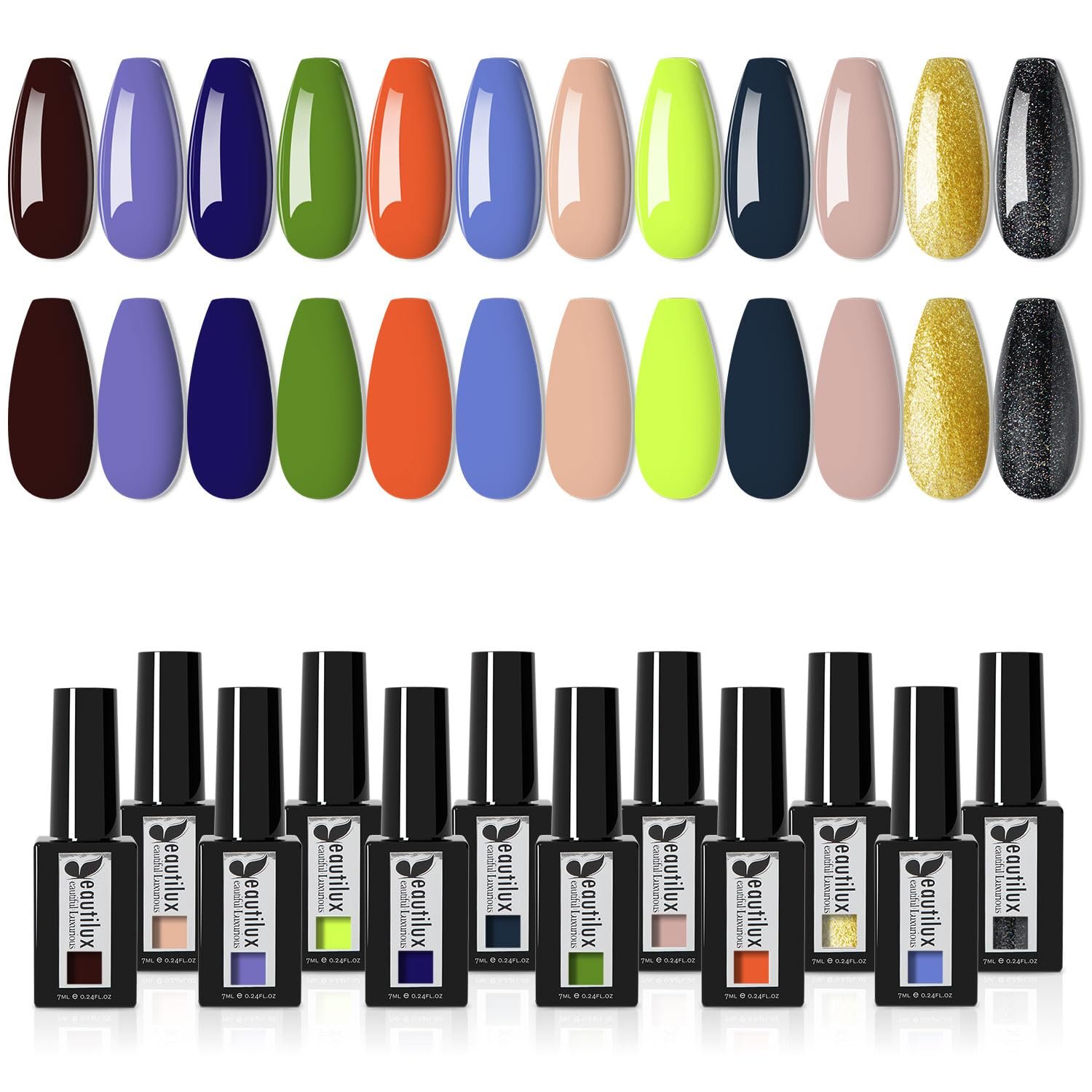 beautilux Gel Nail Polish, 12 Pcs Dark Blue Green Orange Fluorescent Pink Gold Glitter Gel Polish Kit, Soak Off UV Nail Gel Polish Manicure for Nail Art DIY Salon at Home - Image 2