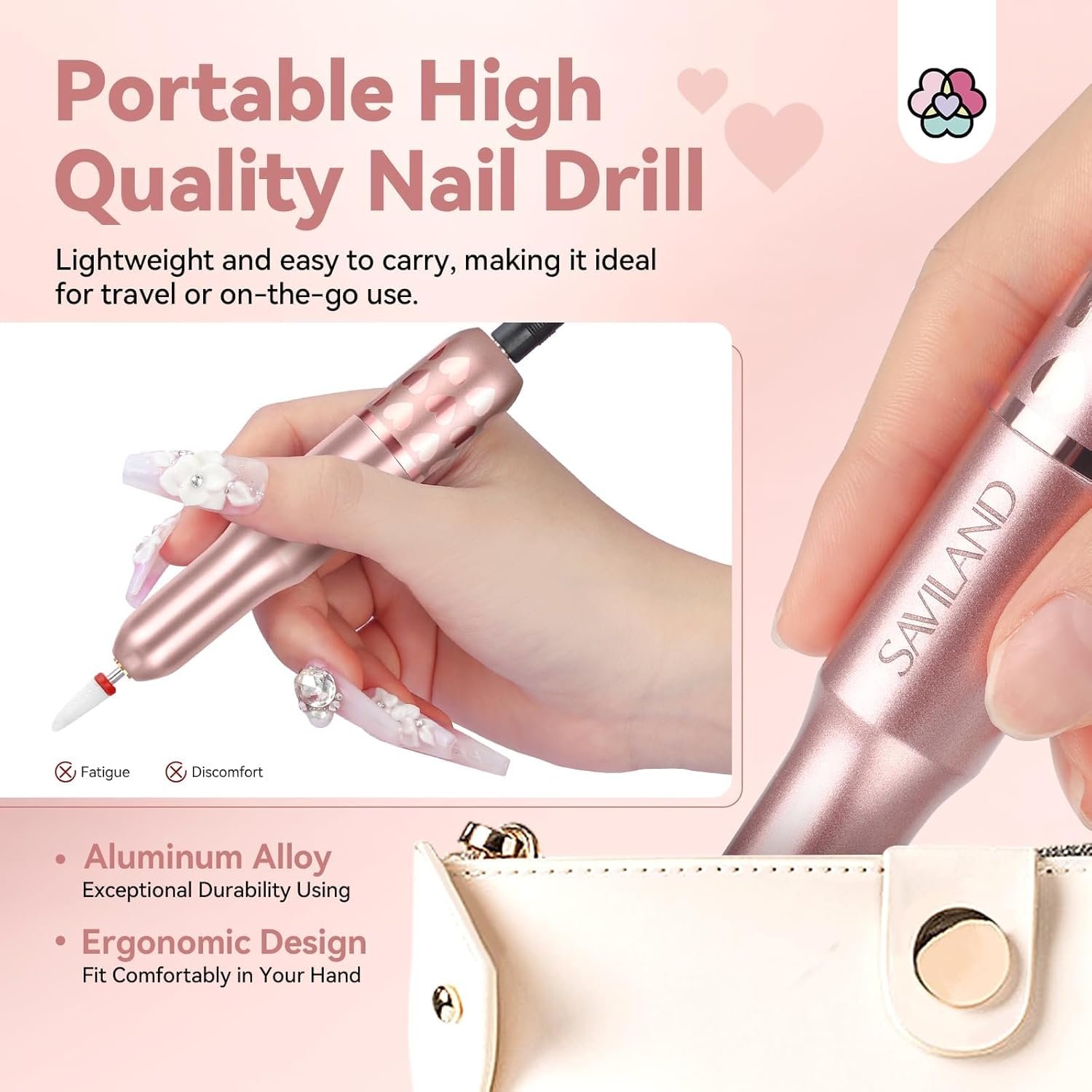 SAVILAND Acrylic Electric Nail Drill : Exclusive Love Series Portable Efile Nail Drill Machine Professional Complete Drill Bits for Remove Acrylic Nails Manicure & Toenails Nail Care Home Salon DIY - Image 4