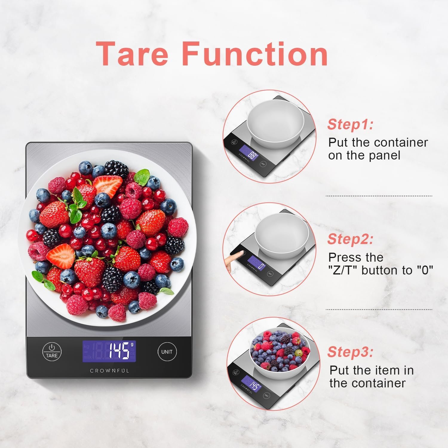 CROWNFUL Food Scale, Rechargeable 304 Stainless Steel Digital Kitchen Scale Upto 33lb Weight Grams and Ounces with LCD Display and Type-C Charging for Baking and Cooking - Image 7