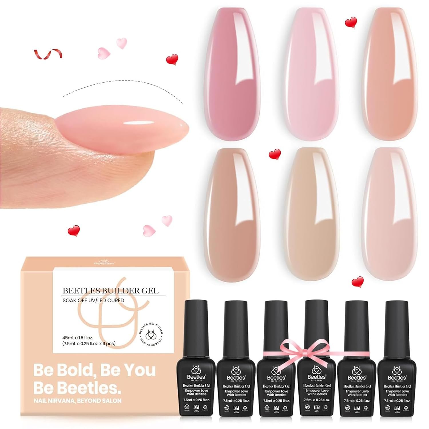 Beetles Builder Gel, 6 Colors 8 in 1 Strengthener Gel Clear Nude Pink Brown Gel Builder for Nails Hard Gel Extension Nail Gel Rhinestone False Nail Tips Glue Nail Art Design Valentines Gift for Women - Image 2