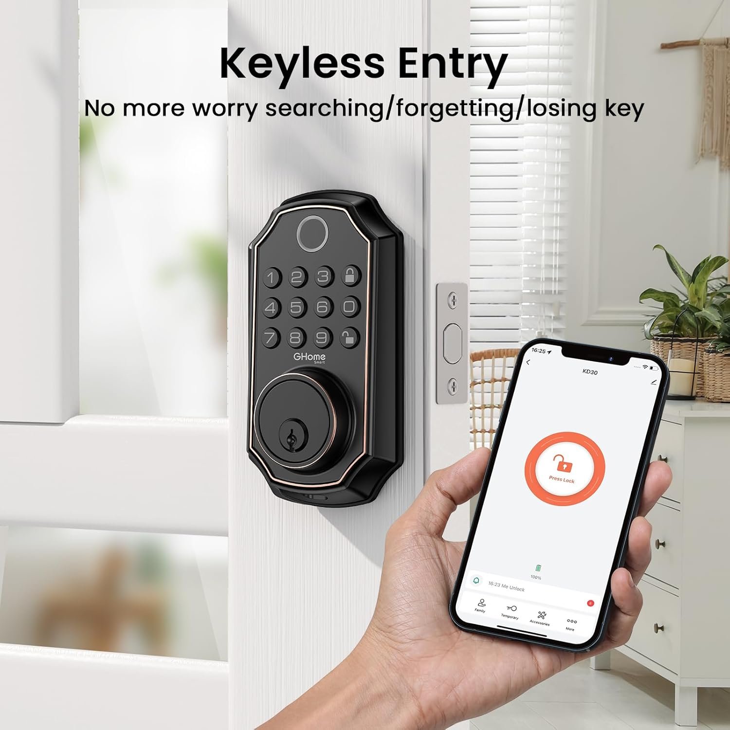 GHome Smart Fingerprint Door Locks for Front Door Keyless Entry Door Lock Deadbolt Lock 4 in 1 Smart Locks Keypad Deadbolt Smart Lock App Control, Auto Lock, Easy Install, Works with Alexa, Black - Image 7