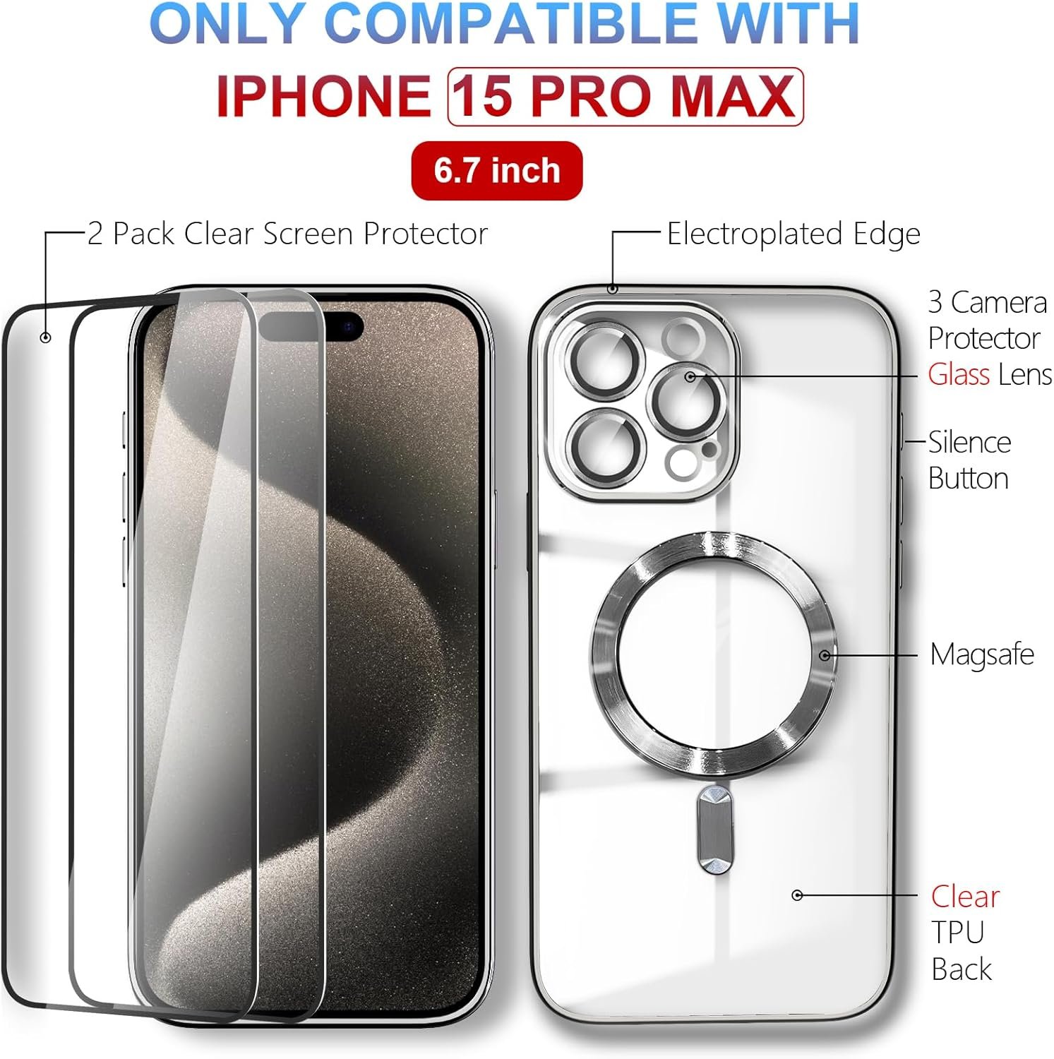 for iPhone 15 Pro Max Case Magsafe, Magnetic Clear Phone Case with Screen Protector and Camera Cover, Transparent Electroplated Case for Women/Girl/Men (Natural Titanium) - Image 4