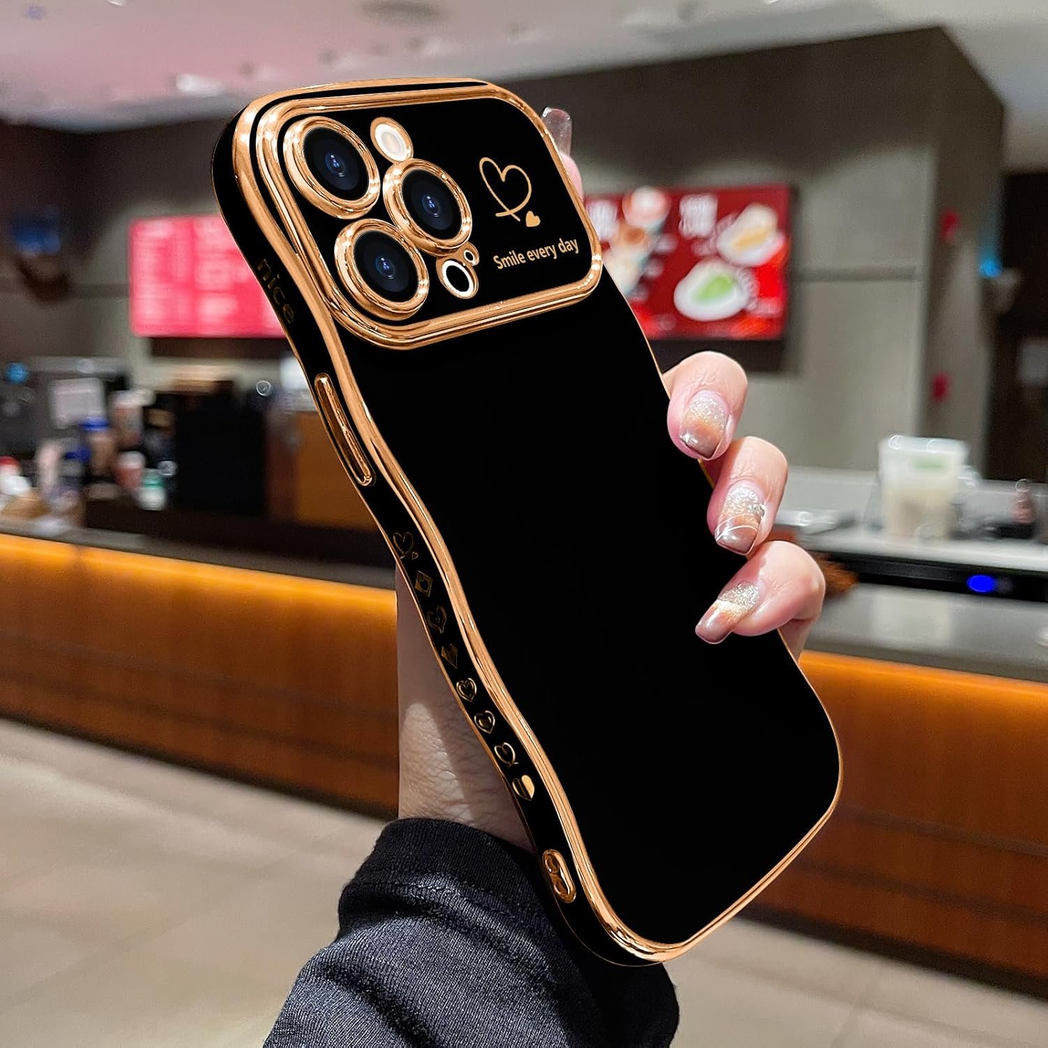 LCHULLE for iPhone 14 Pro Max Case for Women Girls, Cute Wave Frame Curly Shape with Love Heart Pattern Raised Camera Protection Cover Luxury Plating Shockproof Phone Case for iPhone 14 Pro Max, Black - Image 3