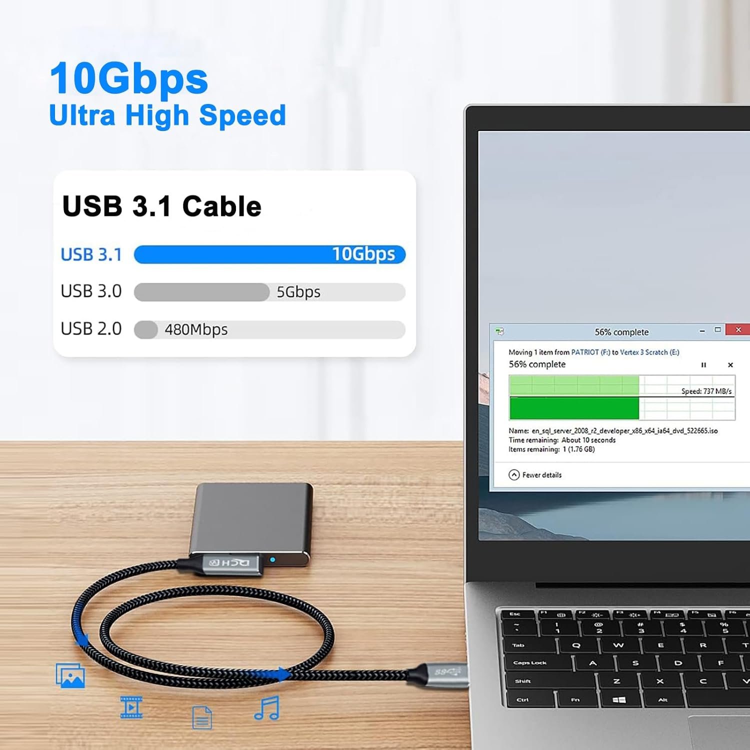 DCHAV 6ft 90 Degree USB C Cable 100W Fast Charging 4K Video Output 10Gbps Data Transfer 3.1 Gen 2 PD 20V 5A Type C to Type C Monitor Cord Charge Phone Tablet Laptop Computer - Image 5